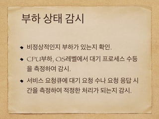 부하 상태 감시
비정상적인지 부하가 있는지 확인.
CPU부하, OS레벨에서 대기 프로세스 수등
을 측정하여 감시.
서비스 요청큐에 대기 요청 수나 요청 응답 시
간을 측정하여 적정한 처리가 되는지 감시.
 