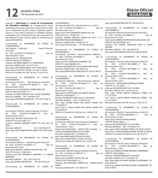 12                 quarta-feira
                   5 de dezembro de 2012
                                                                                                                                                            Diário Oficial
                                                                                                                                                             GUARUJÁ
comunica o Deferimento de Licença de Funcionamento               FUNCIONAMENTO                                                   Resp. Legal: VAGNER MIYAHIRA CPF: 100.995.828-30
DE VIGILÂNCIA SANITÁRIA do estabelecimento abaixo                No. Protocolo: 30457/2011 Data de Protocolo: 21/10/2011
relacionado, por estar de acordo com as normas técnicas, sendo   No. CEVS: 351870101-561-000670-1-6                  Data de     10.Comunicado de DEFERIMENTO DE LICENÇA DE
que os responsáveis assumem cumprir a legislação vigente e       Vencimento:09/11/2013                                           FUNCIONAMENTO
observar as boas práticas referentes às atividades prestadas,    Razão Social: ASSIS & RODRIGUES JUNIOR LTDA - ME                No. Protocolo: 9440/2012 Data de Protocolo: 28/03/2012
respondendo civil e criminalmente pelo não cumprimento de        CNPJ/CPF: 014.411.135/0001-54( )                                No. CEVS: 351870101-562-000053-1-2                   Data de
tais exigências, ficando inclusive sujeito ao cancelamento do    Endereço: AVENIDA MARJORY PRADO,1100 LOJA 3 E 4                 Vencimento:07/11/2013
referido DOCUMENTO.                                              BALNEÁRIO PRAIA DO PERNAMBUCO                                   Razão Social: COMÉRCIO DE REFEIÇÕES GUARUJÁ LTDA - ME
                                                                 Município: GUARUJÁ CEP: 11444-000 UF: SP                        CNPJ/CPF: 005.286.528/0001-92( )
01.Comunicado de DEFERIMENTO DE LICENÇA DE
                                                                 Resp. Legal: VALDO DE ASSIS CPF: 084.707.498-62                 Endereço: RUA MANOEL ARAÚJO,500 APTO 01 SANTO
FUNCIONAMENTO
                                                                                                                                 ANTONIO
 No. Protocolo: 22245/2012                 Data de Protocolo:
                                                                 06.Comunicado de DEFERIMENTO DE LICENÇA DE                      Município: GUARUJÁ CEP: 11432-390 UF: SP
31/07/2012
                                                                 FUNCIONAMENTO                                                   Resp. Legal: ROSA MARIA DE SOUZA CPF: 099.205.598-90
No. CEVS: 351870101-477-000189-1-0                   Data de
                                                                 No. Protocolo: 23674/2012 Data de Protocolo: 10/08/2012
Vencimento:09/11/2013
                                                                 No. CEVS: 351870101-463-000048-1-2                Data de       11.Comunicado de DEFERIMENTO DE LICENÇA DE
Razão Social: S & C DROGARIA LTDA
                                                                 Vencimento:07/11/2013                                           FUNCIONAMENTO
CNPJ/CPF: 008.926.473/0008-00( )
                                                                 Razão Social: M. P. GONÇALVES ALIMENTOS - ME                    No. Protocolo: 12357/2012 Data de Protocolo: 25/04/2012
Endereço: RUA MÁRIO RIBEIRO ,531 PITANGUEIRAS
                                                                 CNPJ/CPF: 016.647.980/0001-59( )                                No.     CEVS:     351870101-863-000880-1-3        Data  de
Município: GUARUJÁ CEP: 11410-191 UF: SP
                                                                 Endereço: RUA PARDAL,98 LOJA 02 JARDIM SANTA MARIA              Vencimento:09/11/2013
Resp. Legal: SILVIO SÉRGIO INÁCIO CPF: 017.897.348-35
                                                                 Município: GUARUJÁ CEP: 11432-090 UF: SP                        No.     CEVS:     351870101-863-000881-1-0        Data  de
Resp. Técnico: ELISA SHIU LY VONG CPF: 248.171.298-67
                                                                 Resp. Legal: MARINA PERES GONÇALVES CPF: 302.457.248-18         Vencimento:09/11/2013
CBO: 06710 Conselho Prof: CRO No. Inscr.: 23.320 UF: SP
                                                                                                                                 No.     CEVS:     351870101-863-000882-1-8        Data  de
                                                                 07.Comunicado de DEFERIMENTO DE LICENÇA DE                      Vencimento:09/11/2013
02.Comunicado de DEFERIMENTO DE LICENÇA DE
                                                                 FUNCIONAMENTO                                                   No.     CEVS:     351870101-863-000883-1-5        Data  de
FUNCIONAMENTO
                                                                 No. Protocolo: 18842/2012 Data de Protocolo: 21/06/2012         Vencimento:09/11/2013
No. Protocolo: 5332/2012     Data de Protocolo: 16/02/2012
                                                                 No.     CEVS:      351870101-863-000961-1-3       Data     de   Razão Social: HOTHIR MIBSAN RODRIGUES CORREA
No.     CEVS:       351870101-561-000308-1-3       Data    de
                                                                 Vencimento:07/11/2013                                           CNPJ/CPF: 271.176.728/03 - ( )
Vencimento:09/11/2013
                                                                 No. CEVS: 351870101-863-000971-1-0                    Data de   Endereço: RUA BUENOS AIRES ,238 VILA MAIA
Razão Social: J. M. GONÇALVES CHURRASCARIA LTDA
                                                                 Vencimento:07/11/2013                                           Município: GUARUJÁ CEP: 11410-010 UF: SP
CNPJ/CPF: 004.078.912/0001-37( )
                                                                 Razão Social: LUCIENE SOARES DOS SANTOS GHEDINI                 Resp. Legal: HOTHIR MIBSAN RODRIGUES CORREA CPF:
Endereço: AV. SANTOS DUMONT ,3091 JD. BOA ESPERANÇA
                                                                 CNPJ/CPF: 914.638.404/97 - ( )                                  271.176.728-03
Município: GUARUJÁ CEP: 11460-005 UF: SP
                                                                 Endereço: RUA BUENOS AIRES,40 SALA 10 VILA MAIA                 Resp. Técnico: HOTHIR MIBSAN RODRIGUES CORREA CPF:
Resp. Legal: JOSÉ MOACIR GONÇALVES CPF: 223.537.200-72
                                                                 Município: GUARUJÁ CEP: 11410-010 UF: SP                        271.176.728-03
                                                                 Resp. Legal: LUCIENE SOARES DOS SANTOS GHEDINI CPF:             CBO: 06310 Conselho Prof: CRO No. Inscr.: 71622 UF: SP
03.Comunicado de        DEFERIMENTO      DE    LICENÇA     DE
                                                                 914.638.404-97
FUNCIONAMENTO
                                                                 Resp. Técnico: LUCIENE SOARES DOS SANTOS GHEDINI CPF:           12.Comunicado de DEFERIMENTO DE LICENÇA DE
                                                                 914.638.404-97                                                  FUNCIONAMENTO
No. Protocolo: 37016/2011 Data de Protocolo: 14/12/2011
                                                                 CBO: 06310 Conselho Prof: CRO No. Inscr.: 100748 UF: SP         No. Protocolo: 10569/2012 Data de Protocolo: 10/04/2012
No.     CEVS:      351870101-472-000273-1-6       Data     de
                                                                                                                                 No. CEVS: 351870101-863-000956-1-3                 Data de
Vencimento:09/11/2013
                                                                 08.Comunicado de DEFERIMENTO DE LICENÇA DE                      Vencimento:07/11/2013
Razão Social: JVR PÃES E DOCES LTDA - ME
                                                                 FUNCIONAMENTO                                                   Razão Social: CARLOS EDUARDO PEREIRA
CNPJ/CPF: 014.716.331/0001-37( )
                                                                 No. Protocolo: 10364/2012 Data de Protocolo: 09/04/2012         CNPJ/CPF: 885.821.088/34 - ( )
Endereço: AVENIDA TANCREDO NEVES,1170 LOJA VILA DA
                                                                 No.     CEVS:     351870101-863-000757-1-0        Data  de      Endereço: RUA MONTENEGRO ,140 VILA MAIA
NOITE
                                                                 Vencimento:07/11/2013                                           Município: GUARUJÁ CEP: 11410-040 UF: SP
Município: GUARUJÁ                   CEP: 11435-000 UF: SP
                                                                 Razão Social: MARA RUDGE CNPJ/CPF: 006.125.328/60 - ( )         Resp. Legal: CARLOS EDUARDO PEREIRA CPF: 885.821.088-34
Resp. Legal: TIAGO RAMON SANTOS ARRUDA CPF: 095.375.294-
                                                                 Endereço: RUA MONTENEGRO,140 VILA MAIA                          Resp. Técnico: CARLOS EDUARDO PEREIRA CPF: 885.821.088-34
10
                                                                 Município: GUARUJÁ CEP: 11410-040 UF: SP                        CBO: 06118 Conselho Prof: CRM No. Inscr.: 28.745 UF: SP
                                                                 Resp. Legal: MARA RUDGE CPF: 006.125.328-60
04.Comunicado de DEFERIMENTO DE LICENÇA DE
                                                                 Resp. Técnico: MARA RUDGE CPF: 006.125.328-60                   13.Comunicado de DEFERIMENTO DE LICENÇA DE
FUNCIONAMENTO
                                                                 CBO: 06155 Conselho Prof: CRM No. Inscr.: 31024 UF: SP          FUNCIONAMENTO
No. Protocolo: 4028/2012 Data de Protocolo: 03/02/2012
                                                                                                                                 No. Protocolo: 10197/2012 Data de Protocolo: 04/04/2012
No. CEVS: 351870101-472-000276-1-8                 Data de
                                                                 09.Comunicado de DEFERIMENTO DE LICENÇA DE                      No.     CEVS:     351870101-863-000798-1-2        Data  de
Vencimento:09/11/2013
                                                                 FUNCIONAMENTO                                                   Vencimento:07/11/2013
Razão Social: MOURA´S COMÉRCIO DE ÁGUA LTDA - ME
                                                                 No. Protocolo: 4298/2012 Data de Protocolo: 07/02/2012          Razão Social: MARIA DE FATIMA SIQUEIRA G. VENDRAMINI
CNPJ/CPF: 014.952.117/0001-80( )
                                                                 No. CEVS: 351870101-561-000720-1-0                   Data de    CNPJ/CPF: 926.814.098/53 - ( )
Endereço: RUA DOS GERANIOS,31 GARAGEM 1 E 2 JARDIM
                                                                 Vencimento:07/11/2013                                           Endereço: RUA MONTENEGRO,140 VILA MAIA
PRIMAVERA
                                                                 Razão Social: AÇAÍ BEACH LOUGE LTDA - ME                        Município: GUARUJÁ CEP: 11410-040 UF: SP
Município: GUARUJÁ CEP: 11432-330 UF: SP
                                                                 CNPJ/CPF: 014.752.423/0001-72( )                                Resp. Legal: MARIA DE FATIMA SIQUEIRA G. VENDRAMINI CPF:
Resp. Legal: VIVIANE SENO MOURA     CPF: 296.579.818-83
                                                                 Endereço: RUA PRESIDENTE KENNEDY,736 JARDIM HELENA              926.814.098-53
                                                                 MARIA                                                           Resp. Técnico: MARIA DE FATIMA SIQUEIRA G. VENDRAMINI CPF:
05.Comunicado     de    DEFERIMENTO      DE    LICENÇA     DE
                                                                 Município: GUARUJÁ CEP: 11431-000 UF: SP                        926.814.098-53
 