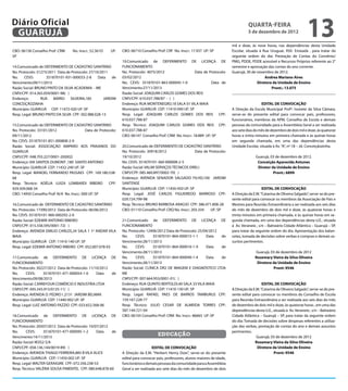 Diário Oficial
 GUARUJÁ
                                                                                                                                              QUARTA-FEIRA
                                                                                                                                              5 de dezembro de 2012
                                                                                                                                                                                   13
                                                                                                                                    mil e doze, às nove horas, nas dependências desta Unidade
CBO: 06158 Conselho Prof: CRM       No. Inscr.: 52.361D   UF:    CBO: 06710 Conselho Prof: CRF No. Inscr.: 17.937 UF: SP            Escolar, situada à Rua Uruguai, 950- Enseada , para tratar da
SP                                                                                                                                  seguinte ordem do dia: Prestação de Contas do Convênio/
                                                                 19.Comunicado de DEFERIMENTO DE LICENÇA DE                         PMG, PDDE, PDDE acessível e Recursos Próprios referente ao 2°
14.Comunicado de DEFERIMENTO DE CADASTRO SANITÁRIO               FUNCIONAMENTO                                                      semestre e aprovação das contas do ano corrente.
No. Protocolo: 31273/2011 Data de Protocolo: 27/10/2011          No. Protocolo: 4075/2012                   Data de Protocolo:      Guarujá, 30 de novembro de 2012.
No.    CEVS:        351870101-931-000033-2-8      Data   de      03/02/2012                                                                             Andrea Mariano Aires
Vencimento:09/11/2013                                            No. CEVS: 351870101-863-000045-1-0                  Data de                        Diretora da Unidade de Ensino
Razão Social: BRUNO PINTO DA SILVA ACADEMIA - ME                 Vencimento:27/11/2013                                                                      Pront.: 13.075
CNPJ/CPF: 014.365.059/0001-98( )                                 Razão Social: JOAQUIM CARLOS GOMES DOS REIS
Endereço:        RUA MÁRIO SILVEIRA,185              JARDIM      CNPJ/CPF: 610.037.788/87 - ( )
CONCEIÇÃOZINHA                                                   Endereço: RUA MONTENEGRO,18 SALA 01 VILA MAIA                                        EDITAL DE CONVOCAÇÃO
Município: GUARUJÁ CEP: 11472-020 UF: SP                         Município: GUARUJÁ CEP: 11410-040 UF: SP                           A Direção da Escola Municipal Profª. Ivonete da Silva Câmara,
Resp. Legal: BRUNO PINTO DA SILVA CPF: 302.988.028-13            Resp. Legal: JOAQUIM CARLOS GOMES DOS REIS CPF:                    serve-se do presente edital para convocar pais, professores,
                                                                 610.037.788-87                                                     funcionários, membros da APM, Conselho de Escola e demais
15.Comunicado de DEFERIMENTO DE CADASTRO SANITÁRIO               Resp. Técnico: JOAQUIM CARLOS GOMES DOS REIS CPF:                  pessoas da comunidade para a Assembleia Geral a ser realizada
No. Protocolo: 33101/2012                   Data de Protocolo:   610.037.788-87                                                     aos sete dias do mês de dezembro de dois mil e doze, às quatorze
09/11/2012                                                       CBO: 06147 Conselho Prof: CRM No. Inscr.: 18.889 UF: SP            horas e trinta minutos em primeira chamada e às quinze horas
No. CEVS: 351870101-851-000808-2-9                                                                                                  em segunda chamada, em uma das dependências desta
Razão Social: ASSOCIAÇÃO AMPARO AOS PRAIANOS DO                  20.Comunicado de DEFERIMENTO DE CADASTRO SANITÁRIO                 Unidade Escolar, situada à Av. “A”, nº 18 – Jd. Conceiçãozinha.
GUARUJÁ                                                          No. Protocolo: 30918/2012                   Data de Protocolo:
CNPJ/CPF: 048.703.227/0001-20(002)                               19/10/2012                                                                        Guarujá, 03 de dezembro de 2012.
Endereço: VIA SANTOS DUMONT ,180 SANTO ANTONIO                   No. CEVS: 351870101-360-000008-2-5                                                 Conceição Aparecida Antunes
Município: GUARUJÁ CEP: 11432-240 UF: SP                         Razão Social: VALIM SERVIÇOS TÉCNICOS EIRELI                                       Diretor da Unidade de Ensino
Resp. Legal: MANOEL FERNANDO PASSAES CPF: 169.180.538-           CNPJ/CPF: 085.460.897/0002-70( )                                                            Pront.: 6899
68                                                               Endereço: AVENIDA SENADOR SALGADO FILHO,100 JARDIM
Resp. Técnico: ADÉLIA LUIZA LOMBARDI RIBEIRO             CPF:    SANTENSE
929.509.068-34                                                   Município: GUARUJÁ CEP: 11450-450 UF: SP                                              EDITAL DE CONVOCAÇÃO
CBO: 14950 Conselho Prof: N/A No. Inscr.: 000 UF: SP             Resp. Legal: JOSÉ CARLOS FIGUEIREDO BARROSO CPF:                   A Direção da E.M. “Catarina de Oliveira Salgado”, serve-se do pre-
                                                                 029.724.799-98                                                     sente edital para convocar os membros da Associação de Pais e
16.Comunicado de DEFERIMENTO DE CADASTRO SANITÁRIO               Resp. Técnico: BRUNO BARBOSA ARAÚJO CPF: 386.471.808-28            Mestres para Reunião Extraordinária a ser realizada aos seis dias
No. Protocolo: 17390/2012 Data de Protocolo: 06/06/2012          CBO: 01110 Conselho Prof: CRQ No. Inscr.: 203.334    UF: SP        do mês de dezembro de dois mil e doze, às quatorze horas e
No. CEVS: 351870101-960-000292-2-0                                                                                                  trinta minutos em primeira chamada, e às quinze horas em se-
Razão Social: EDEMIR ANTONIO RIBEIRO                             21.Comunicado de DEFERIMENTO DE LICENÇA DE                         gunda chamada, em uma das dependências desta U.E., situada
CNPJ/CPF: 015.558.595/0001-72( )                                 FUNCIONAMENTO                                                      à Av. Veraneio , s/n – Balneário Cidade Atlântica – Guarujá – SP,
Endereço: AVENIDA EMILIO CARLOS,34 SALA 1 1º ANDAR VILA          No. Protocolo: 12406/2012 Data de Protocolo: 25/04/2012            para tratar da seguinte ordem do dia: Apresentação dos balan-
MAIA                                                             No.     CEVS:     351870101-864-000015-1-1       Data   de         cetes, tomada de decisões sobre verbas e compras e demais as-
Município: GUARUJÁ CEP: 11410-140 UF: SP                         Vencimento:28/11/2013                                              suntos pertinentes.
Resp. Legal: EDEMIR ANTONIO RIBEIRO CPF: 052.007.078-03          No.     CEVS:     351870101-864-000016-1-9       Data   de
                                                                 Vencimento:28/11/2013                                                            Guarujá, 03 de dezembro de 2012
17.Comunicado de DEFERIMENTO DE LICENÇA DE                       No.     CEVS:     351870101-864-000040-1-4       Data   de                       Rosemary Vieira da Silva Oliveira
FUNCIONAMENTO                                                    Vencimento:28/11/2013                                                             Diretora da Unidade de Ensino
No. Protocolo: 30227/2012 Data de Protocolo: 11/10/2012          Razão Social: CLÍNICA DR2 DE IMAGEM E DIAGNÓSTICO LTDA                                     Pront: 9546
No.     CEVS:      351870101-471-000054-1-0      Data   de       ME
Vencimento:09/08/2013                                            CNPJ/CPF: 007.664.953/0001-01( )
Razão Social: CARREFOUR COMÉRCIO E INDUSTRIA LTDA                Endereço: RUA QUINTO BERTOLDI,40 SALA 33 VILA MAIA                                    EDITAL DE CONVOCAÇÃO
CNPJ/CPF: 045.543.915/0125-11( )                                 Município: GUARUJÁ CEP: 11410-130 UF: SP                           A Direção da E.M. “Catarina de Oliveira Salgado”, serve-se do pre-
Endereço: AVENIDA D. PEDRO I ,2131 JARDIM BELMAR                 Resp. Legal: RAFAEL PAES DE BARROS TAMBURUS CPF:                   sente edital para convocar os membros do Conselho de Escola
Município: GUARUJÁ CEP: 11440-002 UF: SP                         159.167.228-77                                                     para Reunião Extraordinária a ser realizada aos seis dias do mês
Resp. Legal: LUIZ ANTONIO FAZZIO CPF: 033.652.568-06             Resp. Técnico: JULIO CESAR DE ALMEIDA TORRES CPF:                  de dezembro de dois mil e doze, às quatorze horas , em uma das
                                                                 587.144.721-04                                                     dependências desta U.E., situada à Av. Veraneio , s/n – Balneário
18.Comunicado de DEFERIMENTO DE LICENÇA DE                       CBO: 06105 Conselho Prof: CRM No. Inscr.: 86665 UF: SP             Cidade Atlântica – Guarujá – SP, para tratar da seguinte ordem
FUNCIONAMENTO                                                                                                                       do dia: Tomada de decisões sobre despesas referentes a utiliza-
No. Protocolo: 20507/2012 Data de Protocolo: 10/07/2012                                                                             ção das verbas, prestação de contas do ano e demais assuntos
No.     CEVS:      351870101-477-000095-1-2      Data   de                                                                          pertinentes.
Vencimento:14/11/2013
                                                                                       educação                                                    Guarujá, 03 de dezembro de 2012
Razão Social: W2G2 S/A                                                                                                                            Rosemary Vieira da Silva Oliveira
CNPJ/CPF: 058.136.144/0019-89( )                                                    EDITAL DE CONVOCAÇÃO                                           Diretora da Unidade de Ensino
Endereço: AVENIDA THIAGO FERREIRA,885 B VILA ALICE               A Direção da E.M. “Herbert Henry Dow”, serve-se do presente                                  Pront: 9546
Município: GUARUJÁ CEP: 11450-002 UF: SP                         edital para convocar pais, professores, alunos maiores de idade,
Resp. Legal: WALTER GERAIGIRE CPF: 072.356.238-53                funcionários e demais pessoas da comunidade para a Assembleia
Resp. Técnico: VALÉRIA SOUSA PIMENTEL CPF: 080.648.878-60        Geral a ser realizada aos sete dias do mês de dezembro de dois
 