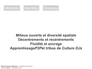 Mobilités

Identités

Espaces

Milieux ouverts et diversité spatiale
Décentrements et recentrements
Fluidité et ancrage
ApprentissageP2Pet tribus de Culture DJs

Mobile Education Médiation – Conférence d‘ouverture
Yasmine ABBAS – 5 décembre 2013

 