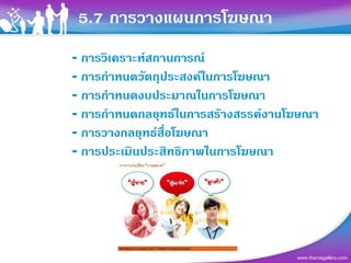 5.7 การวางแผนการโฆษณา
- การวิเคราะหสถานการณ
- การกําหนดวัตถุประสงคในการโฆษณา
- การกําหนดงบประมาณในการโฆษณา
- การกําหนดกลยุทธในการสรางสรรคงานโฆษณา
- การวางกลยุทธสื่อโฆษณา
- การประเมินประสิทธิภาพในการโฆษณา




                                     www.themegallery.com
 