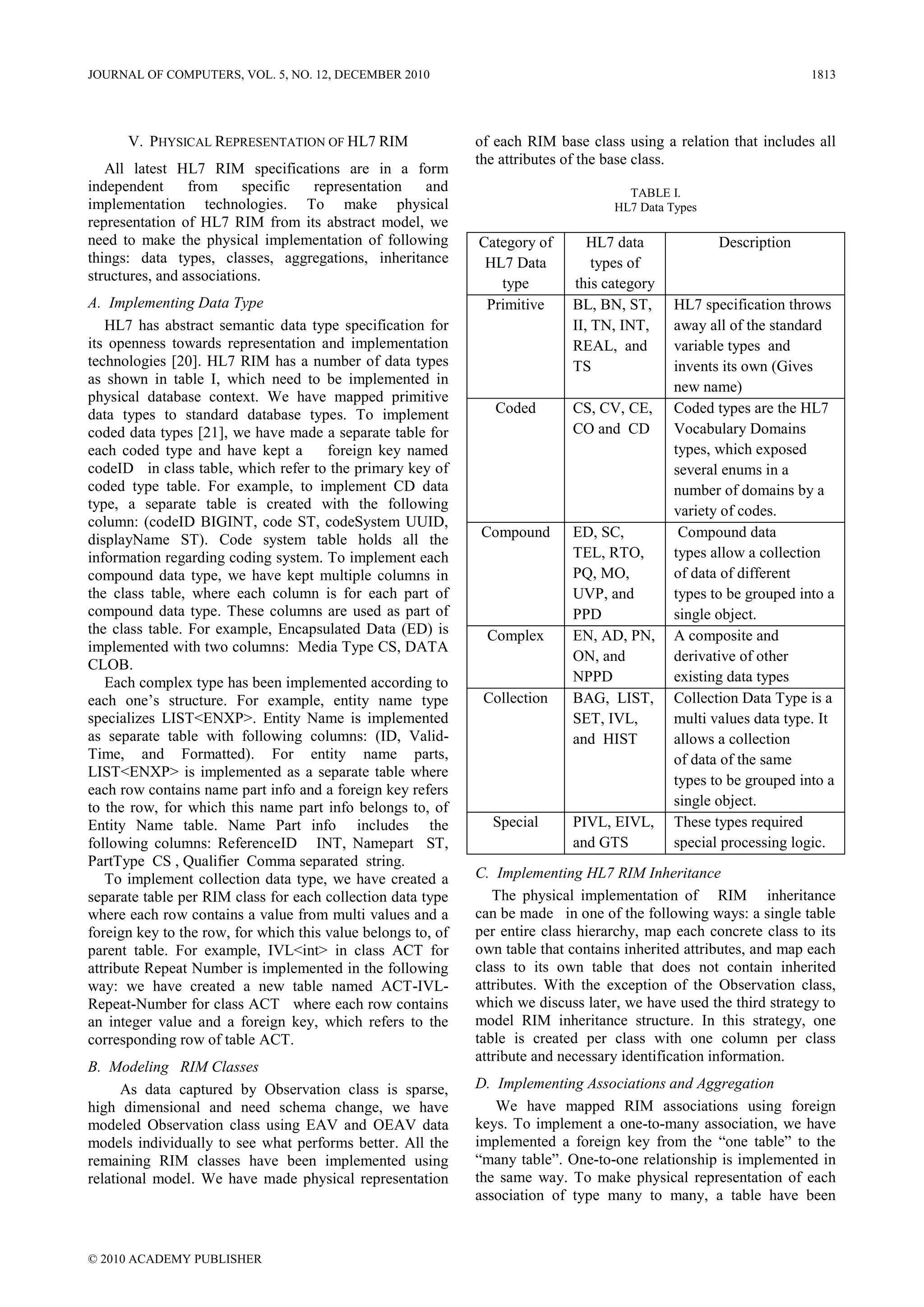 JOURNAL OF COMPUTERS, VOL. 5, NO. 12, DECEMBER 2010                                                                 1813




      V. PHYSICAL REPRESENTATION OF HL7 RIM                   of each RIM base class using a relation that includes all
                                                              the attributes of the base class.
   All latest HL7 RIM specifications are in a form
independent      from     specific representation  and                                TABLE I.
implementation technologies. To make physical                                       HL7 Data Types
representation of HL7 RIM from its abstract model, we
need to make the physical implementation of following         Category of       HL7 data             Description
things: data types, classes, aggregations, inheritance         HL7 Data          types of
structures, and associations.                                    type        this category
A. Implementing Data Type                                      Primitive     BL, BN, ST,      HL7 specification throws
   HL7 has abstract semantic data type specification for                     II, TN, INT,     away all of the standard
its openness towards representation and implementation                       REAL, and        variable types and
technologies [20]. HL7 RIM has a number of data types                        TS               invents its own (Gives
as shown in table I, which need to be implemented in
                                                                                              new name)
physical database context. We have mapped primitive
data types to standard database types. To implement              Coded       CS, CV, CE,      Coded types are the HL7
coded data types [21], we have made a separate table for                     CO and CD        Vocabulary Domains
each coded type and have kept a        foreign key named                                      types, which exposed
codeID in class table, which refer to the primary key of                                      several enums in a
coded type table. For example, to implement CD data                                           number of domains by a
type, a separate table is created with the following                                          variety of codes.
column: (codeID BIGINT, code ST, codeSystem UUID,
displayName ST). Code system table holds all the              Compound       ED, SC,           Compound data
information regarding coding system. To implement each                       TEL, RTO,        types allow a collection
compound data type, we have kept multiple columns in                         PQ, MO,          of data of different
the class table, where each column is for each part of                       UVP, and         types to be grouped into a
compound data type. These columns are used as part of                        PPD              single object.
the class table. For example, Encapsulated Data (ED) is        Complex       EN, AD, PN,      A composite and
implemented with two columns: Media Type CS, DATA
                                                                             ON, and          derivative of other
CLOB.
   Each complex type has been implemented according to                       NPPD             existing data types
each one’s structure. For example, entity name type            Collection    BAG, LIST,       Collection Data Type is a
specializes LIST<ENXP>. Entity Name is implemented                           SET, IVL,        multi values data type. It
as separate table with following columns: (ID, Valid-                        and HIST         allows a collection
Time, and Formatted). For entity name parts,                                                  of data of the same
LIST<ENXP> is implemented as a separate table where
                                                                                              types to be grouped into a
each row contains name part info and a foreign key refers
to the row, for which this name part info belongs to, of                                      single object.
Entity Name table. Name Part info includes the                  Special      PIVL, EIVL,      These types required
following columns: ReferenceID INT, Namepart ST,                             and GTS          special processing logic.
PartType CS , Qualifier Comma separated string.
   To implement collection data type, we have created a       C. Implementing HL7 RIM Inheritance
separate table per RIM class for each collection data type       The physical implementation of RIM inheritance
where each row contains a value from multi values and a       can be made in one of the following ways: a single table
foreign key to the row, for which this value belongs to, of   per entire class hierarchy, map each concrete class to its
parent table. For example, IVL<int> in class ACT for          own table that contains inherited attributes, and map each
attribute Repeat Number is implemented in the following       class to its own table that does not contain inherited
way: we have created a new table named ACT-IVL-               attributes. With the exception of the Observation class,
Repeat-Number for class ACT where each row contains           which we discuss later, we have used the third strategy to
an integer value and a foreign key, which refers to the       model RIM inheritance structure. In this strategy, one
corresponding row of table ACT.                               table is created per class with one column per class
                                                              attribute and necessary identification information.
B. Modeling RIM Classes
      As data captured by Observation class is sparse,        D. Implementing Associations and Aggregation
high dimensional and need schema change, we have                 We have mapped RIM associations using foreign
modeled Observation class using EAV and OEAV data             keys. To implement a one-to-many association, we have
models individually to see what performs better. All the      implemented a foreign key from the ―one table‖ to the
remaining RIM classes have been implemented using             ―many table‖. One-to-one relationship is implemented in
relational model. We have made physical representation        the same way. To make physical representation of each
                                                              association of type many to many, a table have been



© 2010 ACADEMY PUBLISHER
 