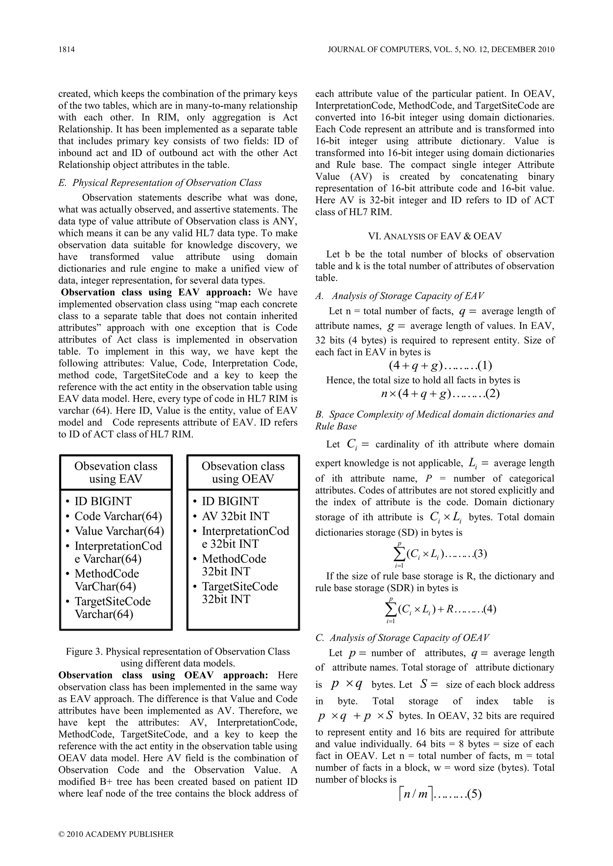 1814                                                                JOURNAL OF COMPUTERS, VOL. 5, NO. 12, DECEMBER 2010




created, which keeps the combination of the primary keys       each attribute value of the particular patient. In OEAV,
of the two tables, which are in many-to-many relationship      InterpretationCode, MethodCode, and TargetSiteCode are
with each other. In RIM, only aggregation is Act               converted into 16-bit integer using domain dictionaries.
Relationship. It has been implemented as a separate table      Each Code represent an attribute and is transformed into
that includes primary key consists of two fields: ID of        16-bit integer using attribute dictionary. Value is
inbound act and ID of outbound act with the other Act          transformed into 16-bit integer using domain dictionaries
Relationship object attributes in the table.                   and Rule base. The compact single integer Attribute
                                                               Value (AV) is created by concatenating binary
E. Physical Representation of Observation Class
                                                               representation of 16-bit attribute code and 16-bit value.
       Observation statements describe what was done,          Here AV is 32-bit integer and ID refers to ID of ACT
what was actually observed, and assertive statements. The      class of HL7 RIM.
data type of value attribute of Observation class is ANY,
which means it can be any valid HL7 data type. To make                         VI. ANALYSIS OF EAV & OEAV
observation data suitable for knowledge discovery, we
have transformed value attribute using domain                     Let b be the total number of blocks of observation
dictionaries and rule engine to make a unified view of         table and k is the total number of attributes of observation
data, integer representation, for several data types.          table.
 Observation class using EAV approach: We have                 A. Analysis of Storage Capacity of EAV
implemented observation class using ―map each concrete
class to a separate table that does not contain inherited          Let n = total number of facts, q  average length of
attributes‖ approach with one exception that is Code           attribute names, g  average length of values. In EAV,
attributes of Act class is implemented in observation          32 bits (4 bytes) is required to represent entity. Size of
table. To implement in this way, we have kept the              each fact in EAV in bytes is
following attributes: Value, Code, Interpretation Code,                             (4  q  g ) ………(1)
method code, TargetSiteCode and a key to keep the                   Hence, the total size to hold all facts in bytes is
reference with the act entity in the observation table using
EAV data model. Here, every type of code in HL7 RIM is                            n  (4  q  g ) ………(2)
varchar (64). Here ID, Value is the entity, value of EAV       B. Space Complexity of Medical domain dictionaries and
model and Code represents attribute of EAV. ID refers          Rule Base
to ID of ACT class of HL7 RIM.
                                                                    Let   Ci  cardinality of ith attribute where domain
     Obsevation class              Obsevation class            expert knowledge is not applicable,                   Li  average length
       using EAV                    using OEAV                 of ith attribute name, P = number of categorical
                                                               attributes. Codes of attributes are not stored explicitly and
 • ID BIGINT                     • ID BIGINT                   the index of attribute is the code. Domain dictionary
 • Code Varchar(64)              • AV 32bit INT                storage of ith attribute is Ci  Li bytes. Total domain
 • Value Varchar(64)             • InterpretationCod           dictionaries storage (SD) in bytes is
 • InterpretationCod               e 32bit INT                                            p

   e Varchar(64)                 • MethodCode                                            (C  L )………(3)
                                                                                        i 1
                                                                                                   i       i

 • MethodCode                      32bit INT                      If the size of rule base storage is R, the dictionary and
   VarChar(64)                   • TargetSiteCode              rule base storage (SDR) in bytes is
 • TargetSiteCode                  32bit INT                                        p

   Varchar(64)                                                                      (C  L )  R………(4)
                                                                                   i 1
                                                                                               i       i


                                                               C. Analysis of Storage Capacity of OEAV
  Figure 3. Physical representation of Observation Class          Let p  number of attributes, q  average length
               using different data models.                    of attribute names. Total storage of attribute dictionary
Observation class using OEAV approach: Here
observation class has been implemented in the same way         is    p q      bytes. Let              S      size of each block address
as EAV approach. The difference is that Value and Code         in      byte.    Total          storage          of    index    table   is
attributes have been implemented as AV. Therefore, we           p  q  p  S bytes. In OEAV, 32 bits are required
have kept the attributes: AV, InterpretationCode,
MethodCode, TargetSiteCode, and a key to keep the              to represent entity and 16 bits are required for attribute
reference with the act entity in the observation table using   and value individually. 64 bits = 8 bytes = size of each
OEAV data model. Here AV field is the combination of           fact in OEAV. Let n = total number of facts, m = total
Observation Code and the Observation Value. A                  number of facts in a block, w = word size (bytes). Total
modified B+ tree has been created based on patient ID          number of blocks is
where leaf node of the tree contains the block address of                                 n / m………(5)

© 2010 ACADEMY PUBLISHER
 