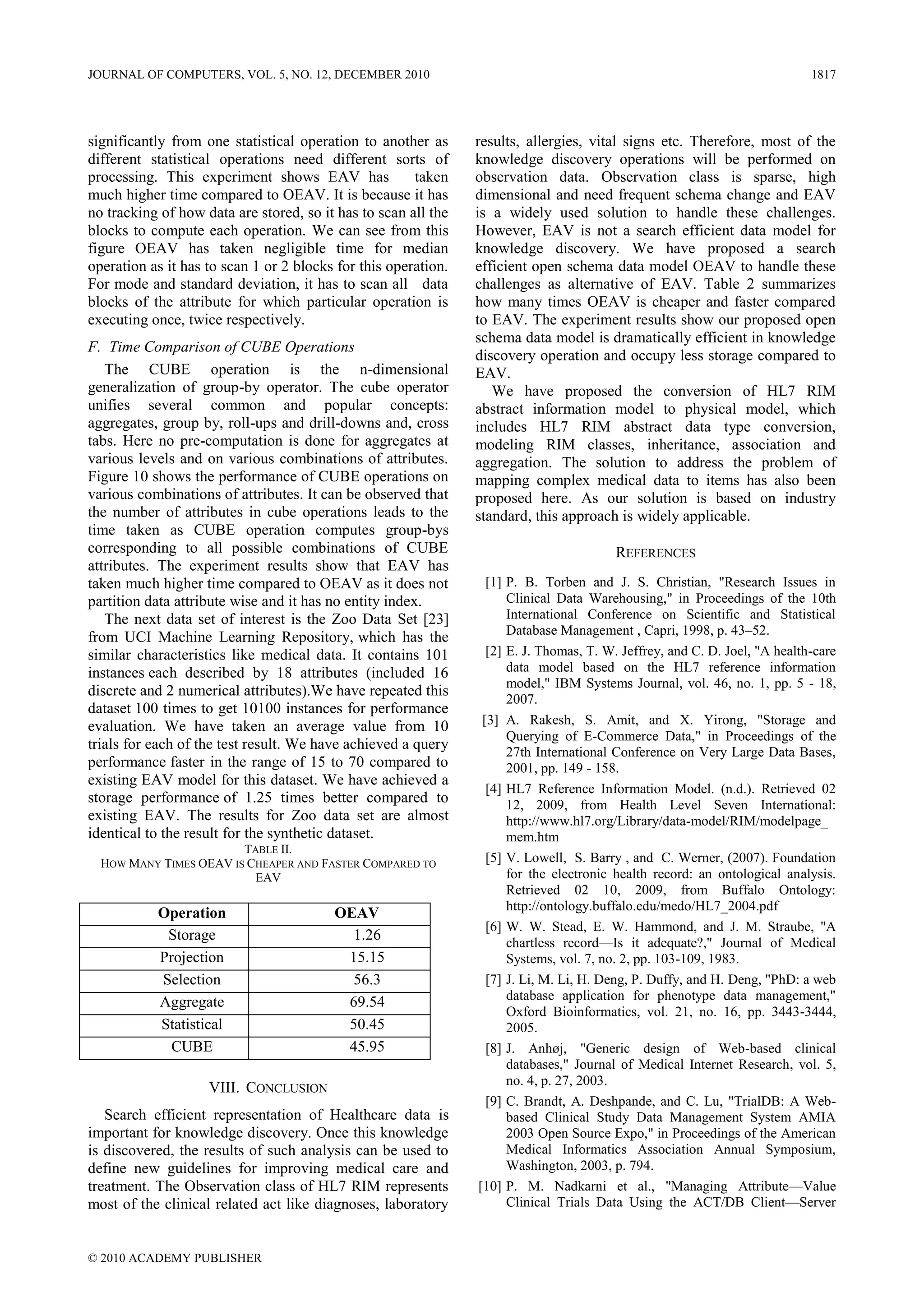 JOURNAL OF COMPUTERS, VOL. 5, NO. 12, DECEMBER 2010                                                                         1817




significantly from one statistical operation to another as      results, allergies, vital signs etc. Therefore, most of the
different statistical operations need different sorts of        knowledge discovery operations will be performed on
processing. This experiment shows EAV has              taken    observation data. Observation class is sparse, high
much higher time compared to OEAV. It is because it has         dimensional and need frequent schema change and EAV
no tracking of how data are stored, so it has to scan all the   is a widely used solution to handle these challenges.
blocks to compute each operation. We can see from this          However, EAV is not a search efficient data model for
figure OEAV has taken negligible time for median                knowledge discovery. We have proposed a search
operation as it has to scan 1 or 2 blocks for this operation.   efficient open schema data model OEAV to handle these
For mode and standard deviation, it has to scan all data        challenges as alternative of EAV. Table 2 summarizes
blocks of the attribute for which particular operation is       how many times OEAV is cheaper and faster compared
executing once, twice respectively.                             to EAV. The experiment results show our proposed open
                                                                schema data model is dramatically efficient in knowledge
F. Time Comparison of CUBE Operations
                                                                discovery operation and occupy less storage compared to
   The CUBE operation is the n-dimensional                      EAV.
generalization of group-by operator. The cube operator             We have proposed the conversion of HL7 RIM
unifies several common and popular concepts:                    abstract information model to physical model, which
aggregates, group by, roll-ups and drill-downs and, cross       includes HL7 RIM abstract data type conversion,
tabs. Here no pre-computation is done for aggregates at         modeling RIM classes, inheritance, association and
various levels and on various combinations of attributes.       aggregation. The solution to address the problem of
Figure 10 shows the performance of CUBE operations on           mapping complex medical data to items has also been
various combinations of attributes. It can be observed that     proposed here. As our solution is based on industry
the number of attributes in cube operations leads to the        standard, this approach is widely applicable.
time taken as CUBE operation computes group-bys
corresponding to all possible combinations of CUBE                                      REFERENCES
attributes. The experiment results show that EAV has
taken much higher time compared to OEAV as it does not            [1] P. B. Torben and J. S. Christian, "Research Issues in
partition data attribute wise and it has no entity index.             Clinical Data Warehousing," in Proceedings of the 10th
   The next data set of interest is the Zoo Data Set [23]             International Conference on Scientific and Statistical
                                                                      Database Management , Capri, 1998, p. 43–52.
from UCI Machine Learning Repository, which has the
similar characteristics like medical data. It contains 101        [2] E. J. Thomas, T. W. Jeffrey, and C. D. Joel, "A health-care
instances each described by 18 attributes (included 16                data model based on the HL7 reference information
                                                                      model," IBM Systems Journal, vol. 46, no. 1, pp. 5 - 18,
discrete and 2 numerical attributes).We have repeated this
                                                                      2007.
dataset 100 times to get 10100 instances for performance
evaluation. We have taken an average value from 10               [3] A. Rakesh, S. Amit, and X. Yirong, "Storage and
                                                                      Querying of E-Commerce Data," in Proceedings of the
trials for each of the test result. We have achieved a query          27th International Conference on Very Large Data Bases,
performance faster in the range of 15 to 70 compared to               2001, pp. 149 - 158.
existing EAV model for this dataset. We have achieved a
                                                                  [4] HL7 Reference Information Model. (n.d.). Retrieved 02
storage performance of 1.25 times better compared to                  12, 2009, from Health Level Seven International:
existing EAV. The results for Zoo data set are almost                 http://www.hl7.org/Library/data-model/RIM/modelpage_
identical to the result for the synthetic dataset.                    mem.htm
                        TABLE II.
  HOW MANY TIMES OEAV IS CHEAPER AND FASTER COMPARED TO           [5] V. Lowell, S. Barry , and C. Werner, (2007). Foundation
                          EAV                                         for the electronic health record: an ontological analysis.
                                                                      Retrieved 02 10, 2009, from Buffalo Ontology:
                                                                      http://ontology.buffalo.edu/medo/HL7_2004.pdf
           Operation                     OEAV
                                                                  [6] W. W. Stead, E. W. Hammond, and J. M. Straube, "A
            Storage                        1.26                       chartless record—Is it adequate?," Journal of Medical
           Projection                     15.15                       Systems, vol. 7, no. 2, pp. 103-109, 1983.
           Selection                       56.3                   [7] J. Li, M. Li, H. Deng, P. Duffy, and H. Deng, "PhD: a web
           Aggregate                      69.54                       database application for phenotype data management,"
                                                                      Oxford Bioinformatics, vol. 21, no. 16, pp. 3443-3444,
           Statistical                    50.45                       2005.
             CUBE                         45.95                   [8] J. Anhøj, "Generic design of Web-based clinical
                                                                      databases," Journal of Medical Internet Research, vol. 5,
                                                                      no. 4, p. 27, 2003.
                    VIII. CONCLUSION
                                                                  [9] C. Brandt, A. Deshpande, and C. Lu, "TrialDB: A Web-
   Search efficient representation of Healthcare data is              based Clinical Study Data Management System AMIA
important for knowledge discovery. Once this knowledge                2003 Open Source Expo," in Proceedings of the American
is discovered, the results of such analysis can be used to            Medical Informatics Association Annual Symposium,
define new guidelines for improving medical care and                  Washington, 2003, p. 794.
treatment. The Observation class of HL7 RIM represents          [10] P. M. Nadkarni et al., "Managing Attribute—Value
most of the clinical related act like diagnoses, laboratory           Clinical Trials Data Using the ACT/DB Client—Server


© 2010 ACADEMY PUBLISHER
 