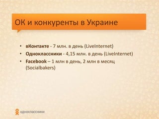 ОК и конкуренты в Украине

 • вКонтакте - 7 млн. в день (LiveInternet)
 • Одноклассники - 4,15 млн. в день (LiveInternet)
 • Facebook – 1 млн в день, 2 млн в месяц
   (Socialbakers)
 