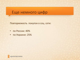 Еще немного цифр

Повторяемость покупок в соц. сети:

• по России: 40%
• по Украине: 25%
 