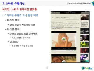 2. 스마트 큐레이션                 Communicating Knowledge


바오밥 : 스마트 큐레이션 플랫폼

• 스마트한 콘텐츠 소비 환경 제공

 – 매거진 뷰어
   • 감성 중심의 자동화된 조판

 – 아티클 뷰어
   • 콘텐츠 중심의 소셜 인터랙션
    – 러브, 코멘트, 큐레이트

   • 읽기모드
    – 콘텐츠의 가독성 향상기능




                       21
 