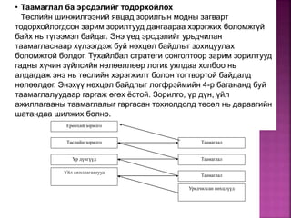 • Таамаглал ба эрсдэлийг тодорхойлох
Төслийн шинжилгээний явцад зорилгын модны загварт
тодорхойлогдсон зарим зорилтууд дангаараа хэрэгжих боломжгүй
байх нь түгээмэл байдаг. Энэ үед эрсдэлийг урьдчилан
таамагласнаар хүлээгдэж буй нөхцөл байдлыг зохицуулах
боломжтой болдог. Тухайлбал стратеги сонголтоор зарим зорилтууд
гадны хүчин зүйлсийн нөлөөллөөр логик уялдаа холбоо нь
алдагдаж энэ нь төслийн хэрэгжилт болон тогтвортой байдалд
нөлөөлдөг. Энэхүү нөхцөл байдлыг логфрэймийн 4-р багананд буй
таамаглалуудаар гаргаж өгөх ёстой. Зорилго, үр дүн, үйл
ажиллагааны таамаглалыг гаргасан тохиолдолд төсөл нь дараагийн
шатандаа шилжих болно.
Ерөнхий зорилго
Төслийн зорилго
Үр дүнгүүд
Үйл ажиллагаанууд
Урьдчилсан нөхцлүүд
Таамаглал
Таамаглал
Таамаглал
 