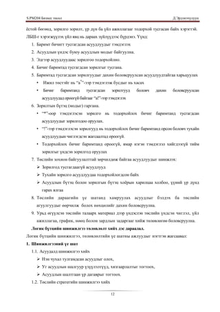 S.PМ204 Бизнес төсөл                                                        Д.Эрдэнэчулуун


ѐстой бөгөөд, зорилго зорилт, үр дүн ба үйл ажиллагааг тодорхой тусгасан байх хэрэгтэй.
ЛБШ-г хэрэгжүүлэх үйл явц нь дараах зүйлүүдээс бүрдэнэ. Үүнд:
  1. Баримт бичигт тусгагдсан асуудлуудыг тэмдэглэх
  2. Асуудлын үндэс буюу асуудлын модыг байгуулна.
  3. Эдгээр асуудлуудаас зорилгоо тодорхойлно.
  4. Бичиг баримтад тусгагдсан зорилгыг тусгана.
  5. Баримтад тусгагдсан зорилгуудыг дахин боловсруулсан асуудлуудтайгаа харьцуулах
     •   Ижил төстэйг нь “а*”-ээр тэмдэглэж бусдыг нь хасах
     •   Бичиг     баримтанд     тусгагдсан    зорилтууд   боловч   дахин   боловсруулсан
         асуудлуудад ороогүй байгааг “а!”-ээр тэмдэглэх
  6. Зорилтын бүтэц (модыг) гаргана.
     • “*”-оор тэмдэглэсэн зорилго нь тодорхойлох бичиг баримтанд тусгагдсан
         асуудлуудыг зорилгодоо оруулах.
     • “!”-ээр тэмдэглэсэн зорилгууд нь тодорхойлох бичиг баримтанд орсон боловч тухайн
         асуудлуудын чиглэгдсэн жагсаалтад ороогүй.
     • Тодорхойлох бичиг баримтанд ороогүй, ямар нэгэн тэмдэглэл хийгдээгүй тийм
         зорилгыг үндсэн зорилгод оруулах
  7. Төслийн зохион байгуулалттай зөрчилдөж байгаа асуудлуудыг шинжлэх:
      Зорилгод тусгагдаагүй асуудлууд
      Тухайн зорилго асуудлуудаа тодорхойлогдсон байх
      Асуудлын бүтэц болон зорилгын бүтэц хоѐрын харилцаа холбоо, үүиий үр дүнд
         гарах ялгаа
  8. Төслийн дараагийн үе шатанд хамруулах асуудлыг бэлдэх ба төслийн
     агуулгуудыг өөрчилж болох нөхцөлийг дахин боловсруулна.
  9. Урьд өгүүлсэн төслийн талаарх материал дээр үндэслэн төслийн үндсэн чиглэл, үйл
     ажиллагаа, график, нөөц болон зардлын задаргааг хийж төлөвлөгөө боловсруулна.
  Логик бүтцийн шинжилгээ төлөвлөлт хийх дэс дараалал.
Логик бүтцийн шинжилгээ, төлөвлөлтийн үе шатны ажлуудыг нэгтгэн жагсаавал:
1. Шинжилгээний үе шат
  1.1. Асуудалд шинжилгээ хийх
      Нэн чухал тулгамдсан асуудлыг олох,
      Уг асуудлын шалгуур үзүүлэлтүүд, хязгаарлалтыг тогтоох,
      Асуудлын шалтгаан үр дагаврыг тогтоох.
  1.2. Төслийн стратегийн шинжилгээ хийх

                                              12
 