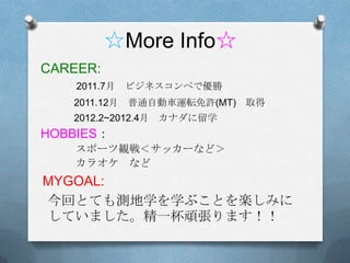 ☆More Info☆
CAREER:
    2011.7月 ビジネスコンペで優勝
   2011.12月 普通自動車運転免許(MT) 取得
   2012.2~2012.4月 カナダに留学
HOBBIES：
    スポーツ観戦＜サッカーなど＞
    カラオケ など
MYGOAL:
今回とても測地学を学ぶことを楽しみに
していました。精一杯頑張ります！！
 
