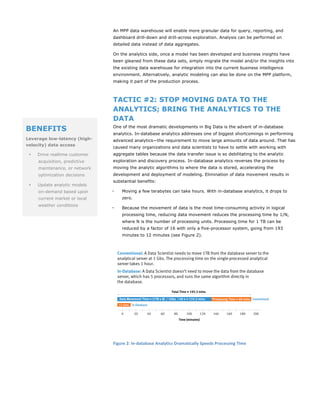 An MPP data warehouse will enable more granular data for query, reporting, and
                               dashboard drill-down and drill-across exploration. Analysis can be performed on
                               detailed data instead of data aggregates.

                               On the analytics side, once a model has been developed and business insights have
                               been gleaned from these data sets, simply migrate the model and/or the insights into
                               the existing data warehouse for integration into the current business intelligence
                               environment. Alternatively, analytic modeling can also be done on the MPP platform,
                               making it part of the production process.



                               TACTIC #2: STOP MOVING DATA TO THE
                               ANALYTICS; BRING THE ANALYTICS TO THE
                               DATA
BENEFITS                       One of the most dramatic developments in Big Data is the advent of in-database
                               analytics. In-database analytics addresses one of biggest shortcomings in performing
Leverage low-latency (high-    advanced analytics—the requirement to move large amounts of data around. That has
velocity) data access
                               caused many organizations and data scientists to have to settle with working with
 •   Drive realtime customer   aggregate tables because the data transfer issue is so debilitating to the analytic
     acquisition, predictive   exploration and discovery process. In-database analytics reverses the process by
     maintenance, or network   moving the analytic algorithms to where the data is stored, accelerating the
     optimization decisions    development and deployment of modeling. Elimination of data movement results in
                               substantial benefits:
 •   Update analytic models
     on-demand based upon      •      Moving a few terabytes can take hours. With in-database analytics, it drops to
     current market or local          zero.
     weather conditions
                               •      Because the movement of data is the most time-consuming activity in logical
                                      processing time, reducing data movement reduces the processing time by 1/N,
                                      where N is the number of processing units. Processing time for 1 TB can be
                                      reduced by a factor of 16 with only a five-processor system, going from 193
                                      minutes to 12 minutes (see Figure 2).




                               	
  

                               	
  

                               Figure	
  2:	
  In-­‐database	
  Analytics	
  Dramatically	
  Speeds	
  Processing	
  Time	
  
 