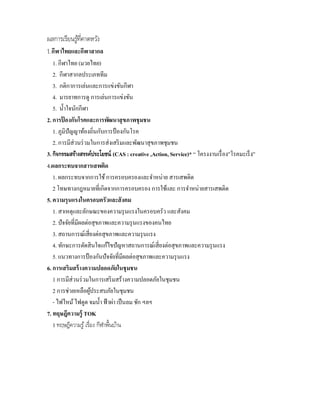 ผลการเรียนรูทคาดหวัง
            ้ ่ี
1.กีฬาไทยและกีฬาสากล
   1. กีฬาไทย (มวยไทย)
   2. กีฬาสากลประเภททีม
   3. กติกาการเล่นและการแข่งขันกีฬา
   4. มารยาทการดู การเล่นการแข่งขัน
   5. น้ าใจนักกีฬา
2. การปองกันโรคและการพัฒนาสุ ขภาพชุมชน
        ้
   1. ภูมิปัญญาท้องถิ่นกับการป้ องกันโรค
   2. การมีส่วนร่ วมในการส่งเสริ มและพัฒนาสุขภาพชุมชน
3. กิจกรรมสร้างสรรค์ประโยชน์ (CAS : creative ,Action, Service)* “ โครงงานเรื่ อง”โรคมะเร็ ง”
4.ผลกระทบจากสารเสพติด
   1. ผลกระทบจากการใช้ การครอบครองและจาหน่าย สารเสพติด
   2 โทษทางกฎหมายที่เกิดจากการครอบครอง การใช้และ การจาหน่ายสารเสพติด
5. ความรุนแรงในครอบครัวและสังคม
   1. สาเหตุและลักษณะของความรุ นแรงในครอบครัว และสังคม
   2. ปัจจัยที่มีผลต่อสุขภาพและความรุ นแรงของคนไทย
   3. สถานการณ์เสี่ยงต่อสุขภาพและความรุ นแรง
   4. ทักษะการตัดสินใจแก้ไขปัญหาสถานการณ์เสี่ยงต่อสุขภาพและความรุ นแรง
   5. แนวทางการป้ องกันปัจจัยที่มีผลต่อสุขภาพและความรุ นแรง
6. การเสริมสร้ างความปลอดภัยในชุมชน
   1 การมีส่วนร่ วมในการเสริ มสร้างความปลอดภัยในชุมชน
   2 การช่วยเหลือผูประสบภัยในชุมชน
                       ้
   - ไฟไหม้ ไฟดูด จมน้ า ฟ้ าผ่า เป็ นลม ชัก ฯลฯ
7. ทฤษฎีความรู้ TOK
   1 ทฤษฎีความรู ้ เรื่อง กีฬาพื้นบ้าน
 