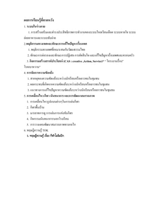 ผลการเรียนรู้ท่คาดหวัง
               ี
1. ระบบในร่ างกาย
     1. การสร้างเสริ มและดารงประสิทธิภาพการทางานของระบบไหลเวียนเลือด ระบบหายใจ ระบบ
ย่อยอาหารและระบบขับถ่าย
2.พฤติกรรมทางเพศและทักษะการแก้ไขปัญหาเรื่องเพศ
     1. พฤติกรรมทางเพศที่เหมาะสมกับวัฒนธรรมไทย
    2. ทักษะการต่อรองและทักษะการปฏิเสธ การตัดสินใจ และแก้ไขปัญหาเรื่ องเพศและครอบครัว
   3. กิจกรรมสร้ างสรรค์ประโยชน์ (CAS : creative ,Action, Service)* “ โครงงานเรื่ อง”
โรคเบาหวาน”
4. การจัดการความขัดแย้ง
    1. สาเหตุของความขัดแย้งระหว่างนักเรี ยนหรื อเยาวชนในชุมชน
    2. ผลกระทบที่เกิดจากความขัดแย้งระหว่างนักเรี ยนหรื อเยาวชนในชุมชน
    3. แนวทางการแก้ไขปัญหาความขัดแย้งระหว่างนักเรี ยนหรื อเยาวชนในชุมชน
5. การเคลือนไหว กีฬา นันทนาการ และการพัฒนาสมรรถภาพ
           ่
   1. การเคลื่อนไหวรู ปแบบต่างๆในการเล่นกีฬา
   2. กีฬาพื้นบ้าน
   3. มารยาทการดู การเล่นการแข่งขันกีฬา
   4. กิจกรรมนันทนาการนอกโรงเรี ยน
   5. การวางแผนพัฒนาสมรรถภาพทางกลไก
6. ทฤษฎีความรู้ TOK
   1. ทฤษฎีความรู ้ เรื่อง กีฬาโอลิมปิ ก
 