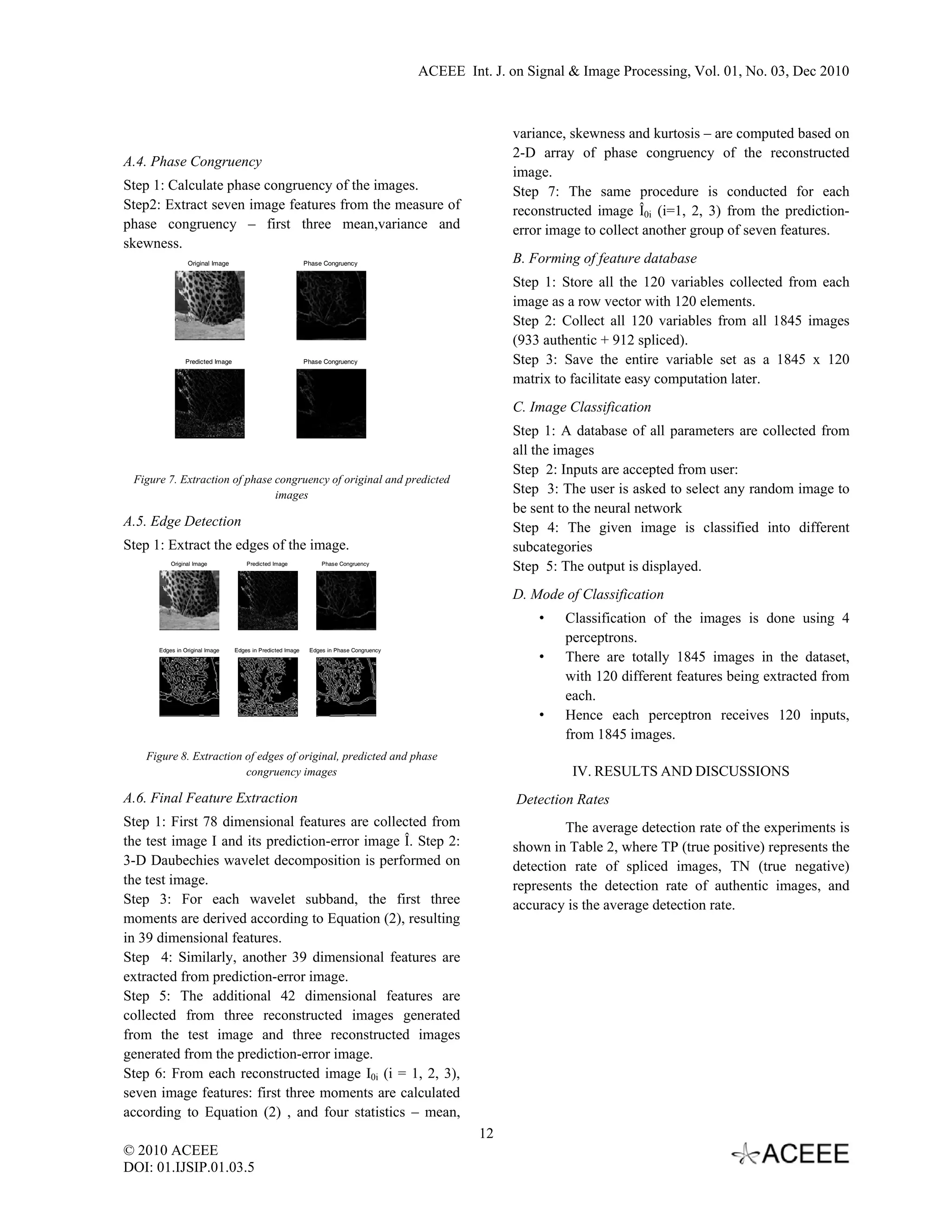 ACEEE Int. J. on Signal & Image Processing, Vol. 01, No. 03, Dec 2010   variance, skewness and kurtosis – are computed based on 2-D array of phase congruency of the reconstructed A.4. Phase Congruency image. Step 1: Calculate phase congruency of the images. Step 7: The same procedure is conducted for each Step2: Extract seven image features from the measure of reconstructed image Î0i (i=1, 2, 3) from the prediction- phase congruency – first three mean,variance and error image to collect another group of seven features. skewness. Original Image Phase Congruency B. Forming of feature database Step 1: Store all the 120 variables collected from each image as a row vector with 120 elements. Step 2: Collect all 120 variables from all 1845 images (933 authentic + 912 spliced). Predicted Image Phase Congruency Step 3: Save the entire variable set as a 1845 x 120 matrix to facilitate easy computation later. C. Image Classification Step 1: A database of all parameters are collected from all the images Step 2: Inputs are accepted from user: Figure 7. Extraction of phase congruency of original and predicted images Step 3: The user is asked to select any random image to be sent to the neural network A.5. Edge Detection Step 4: The given image is classified into different Step 1: Extract the edges of the image. subcategories Original Image Predicted Image Phase Congruency Step 5: The output is displayed. D. Mode of Classification • Classification of the images is done using 4 perceptrons. Edges in Original Image Edges in Predicted Image Edges in Phase Congruency • There are totally 1845 images in the dataset, with 120 different features being extracted from each. • Hence each perceptron receives 120 inputs, from 1845 images. Figure 8. Extraction of edges of original, predicted and phase congruency images IV. RESULTS AND DISCUSSIONS A.6. Final Feature Extraction Detection Rates Step 1: First 78 dimensional features are collected from The average detection rate of the experiments is the test image I and its prediction-error image Î. Step 2: shown in Table 2, where TP (true positive) represents the 3-D Daubechies wavelet decomposition is performed on detection rate of spliced images, TN (true negative) the test image. represents the detection rate of authentic images, and Step 3: For each wavelet subband, the first three accuracy is the average detection rate. moments are derived according to Equation (2), resulting in 39 dimensional features. Step 4: Similarly, another 39 dimensional features are extracted from prediction-error image. Step 5: The additional 42 dimensional features are collected from three reconstructed images generated from the test image and three reconstructed images generated from the prediction-error image. Step 6: From each reconstructed image I0i (i = 1, 2, 3), seven image features: first three moments are calculated according to Equation (2) , and four statistics – mean, 12 © 2010 ACEEE DOI: 01.IJSIP.01.03.5   