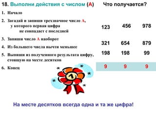 18. Выполни действия с числом (А)            Что получается?
1. Начало
2. Загадай и запиши трехзначное число А,
    у которого первая цифра                  123   456    978
         не совпадает с последней
3. Запиши число А наоборот
                                             321   654    879
4. Из большего числа вычти меньшее
5. Выпиши из полученного результата цифру,   198   198     99
   стоящую на месте десятков
6. Конец                                     9      9      9




     На месте десятков всегда одна и та же цифра!
 