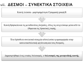 vii. ΔΕΣΜΟΙ – ΣΥΝΕΚΤΙΚΑ ΣΤΟΙΧΕΙΑ
Δημιουργήθηκε ένας ενιαίος πολιτισμός,
ο πολιτισμός της μυκηναϊκής κοινής.
Κοινή θρησκεία και
τις μεταθανάτιες
δοξασίες, όπως τις
ανιχνεύουμε μέσα
από τα έθιμα και τις
πρακτικές ταφής.
ομοιομορφία στην
κοινωνικοπολιτική
οργάνωση και τους
θεσμούς.
Κοινή γλώσσα –
μαρτυρημένη σε
Γραμμική γραφή Β.
 
