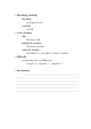 •                           / แหล่งเรียนรู้
             -
                      เกมขวางลูกบอลกระดาษ
             - แหล่ งเรี ยนรู้
                      สนามหญา
• การวัด / ประเมินผล
             - วิธีวด
                    ั
                     ใชการสังเกต / บันทึก
             -                 / ประเมินผล
                     ใชแบบสังเกต / แบบบันทึก
             - เกณฑ์ การวัด / ประเมินผล
                     ใชระดับพัฒนาการ 3 ระดับ (ดูไดจาก แบบสังเกต / แบบบันทึก )
•
             - ประเมินตามจุดประสงค / สภาพที่พึงประสงค
                    มาตรฐานที่ 4/3 , มาตรฐานที่ 3/1 , มาตรฐานที่ 8 / 1

• กิจกรรมเสนอแนะ
              ...............................................................................................................................................
.............................................................................................................................................................
.............................................................................................................................................................
.............................................................................................................................................................
.............................................................................................................................................................
.............................................................................................................................................................
 