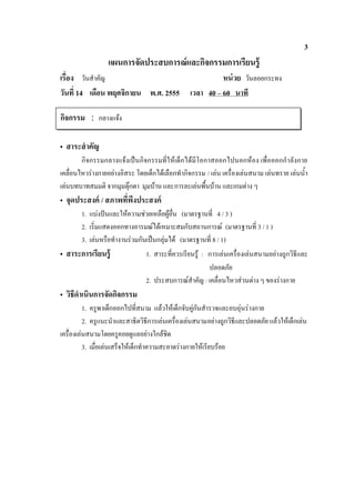3
                    แผนการจัดประสบการณ์ และกิจกรรมการเรียนรู้
        วันสําคัญ                                          หน่ วย วันลอยกระทง
วัน 14 เดือน พฤศจิกายน พ.ศ. 2555                 เวลา 40 – 60 นาที

กิจกรรม : กลางแจ้ง

• สาระสํ าคัญ
        กิจกรรมกลางแจงเปนกิจกรรมที่ใหเด็กไดมีโอกาสออกไปนอกหอง เพื่อออกกําลังกาย
เคลื่อนไหวรางกายอยางอิสระ โดยเด็กไดเลือกทํากิจกรรม / เลน เครื่องเลนสนาม เลนทราย เลนน้ํา
เลนบทบาทสมมติ จากมุมตุกตา มุมบาน และการละเลนพื้นบาน และเกมตาง ๆ
• จุดประสงค์ /
        1. แบงปนและใหความชวยเหลือผูอื่น (มาตรฐานที่ 4 / 3 )
        2. เริ่มแสดงออกทางอารมณไดเหมาะสมกับสถานการณ (มาตรฐานที่ 3 / 1 )
        3. เลนหรือทํางานรวมกันเปนกลุมได (มาตรฐานที่ 8 / 1)
• สาระการเรียนรู้               1. สาระที่ควรเรียนรู : การเลนเครื่องเลนสนามอยางถูกวิธีและ
                                                        ปลอดภัย
                                2. ประสบการณสําคัญ : เคลื่อนไหวสวนตาง ๆ ของรางกาย
• วิธีดําเนินการจัดกิจกรรม
          1. ครูพาเด็กออกไปที่สนาม แลวใหเด็กจับคูกันสํารวจและอบอุนร างกาย
          2. ครูแนะนําและสาธิตวิธีการเลนเครื่องเลนสนามอยางถูกวิธีและปลอดภัย แลวใหเด็กเลน
เครื่องเลนสนามโดยครูคอยดูแลอยางใกลชิด
          3. เมื่อเลนเสร็จใหเด็กทําความสะอาดรางกายใหเรียบรอย
 