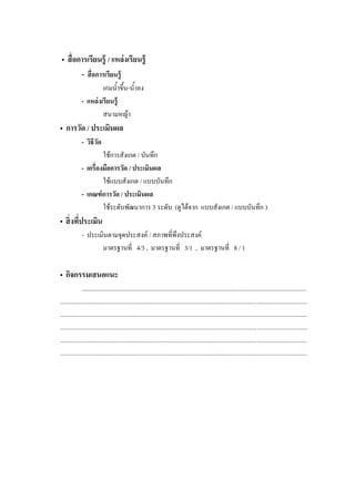 •                           / แหล่งเรียนรู้
             -
                      เกมน้ําขึ้น-น้ําลง
             - แหล่ งเรี ยนรู้
                      สนามหญา
• การวัด / ประเมินผล
             - วิธีวด
                    ั
                     ใชการสังเกต / บันทึก
             -                 / ประเมินผล
                     ใชแบบสังเกต / แบบบันทึก
             - เกณฑ์ การวัด / ประเมินผล
                     ใชระดับพัฒนาการ 3 ระดับ (ดูไดจาก แบบสังเกต / แบบบันทึก )
•
             - ประเมินตามจุดประสงค / สภาพที่พึงประสงค
                    มาตรฐานที่ 4/3 , มาตรฐานที่ 3/1 , มาตรฐานที่ 8 / 1

• กิจกรรมเสนอแนะ
              ...............................................................................................................................................
.............................................................................................................................................................
.............................................................................................................................................................
.............................................................................................................................................................
.............................................................................................................................................................
.............................................................................................................................................................
 