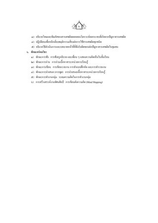 ๖

   ๓) อธิบายโทษและพิษภัยของสารเสพติดตลอดจนวิเคราะห์ผลกระทบที่เกิดจากปัญหาสารเสพติด
   ๔) ปฏิบติตนเพื่อหลีกเลี่ยงพฤติกรรมเสี่ ยงต่อการใช้สารเสพติดทุกชนิด
             ั
   ๕) อธิบายวิธีดาเนินการและบทบาทหน้าที่ที่พึงรับผิดชอบต่อปัญหาสารเสพติดในชุมชน
๖. ทักษะคร่ อมวิชา
   ๑) ทักษะการฟัง การฟังครู อธิบาย และเพื่อน ๆ แสดงความคิดเห็นในชั้นเรี ยน
   ๒) ทักษะการอ่าน การอ่านเนื้อหาสาระหน่วยการเรี ยนรู้
   ๓) ทักษะการเขียน การเขียนรายงาน การทาแบบฝึ กหัด และการทารายงาน
   ๔) ทักษะการนาเสนอ (การพูด) การนาเสนอเนื้อหาสาระหน่วยการเรี ยนรู้
   ๕) ทักษะการทางานกลุ่ม ระดมความคิดในการทางานกลุ่ม
   ๖) การสร้างสรรค์งานทัศนศิลป์ การเขียนผังความคิด (Mind Mapping)
 