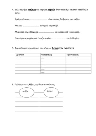 4. Βάλε το ρήμα παίρνω και το ρήμα περνώ, όπου ταιριάζει και στον κατάλληλο
τύπο:
Εμείς πρέπει να ………………………….. μόνο από τις διαβάσεις των πεζών.
Μη μου …………………………. συνέχεια το μολύβι.
Μια φορά την εβδομάδα ………………………… κουλούρι από το κυλικείο.
Όταν ήμουν μικρό παιδί έπαιζα το «δεν …………………….. κυρά-Μαρία»
5. Συμπλήρωσε τις εγκλίσεις του ρήματος δένω στον Ενεστώτα
Οριστική Υποτακτική Προστακτική
……
……
……
……
……
……
6. Γράψε μερικές λέξεις της ίδιας οικογένειας:
παίζω πεζός
 