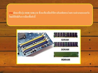แรม ปัจจุบันมักจะเป็นรุ่น DDR SDRAM ซึ่งจะต้องเลือกให้ตรงกับสล็อตหน่วยความจาบน
๶มนบอร์ด โดยมีปัจจัยในการเลือกซื้อดังนี้

 