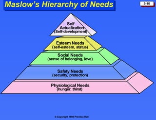 Maslow’s Hierarchy of Needs Esteem Needs ( self-esteem, status) Social Needs (sense of belonging, love) Safety Needs (security, protection) Physiological Needs (hunger, thirst)  Self Actualization (Self-development ) 