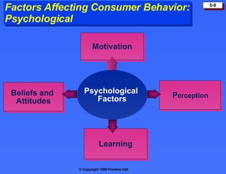 Factors Affecting Consumer Behavior: Psychological Psychological   Factors Motivation P erception Learning Beliefs and  Attitudes 
