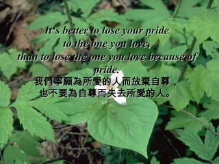 It‘s better to lose your pride
           to the one you love,
than to lose the one you love because of
                   pride.
   我們寧願為所愛的人而放棄自尊，
   也不要為自尊而失去所愛的人。
 