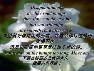 Disappointments
           are like road bumps,
         they slow you down a bit
            but you will enjoy
       the smooth road afterwards.
失望就好像路面的凸塊，它會令你行進的速
       度慢下來，
 但是它能使你更享受往後平坦的路。
Don‘t stay on the bumps too long. Move on!
        不要在路面的凸塊停太久，
          繼續向前行進！
 