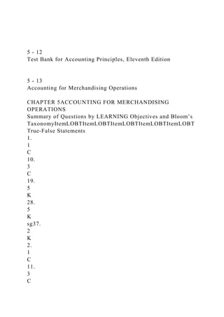 5 - 12
Test Bank for Accounting Principles, Eleventh Edition
5 - 13
Accounting for Merchandising Operations
CHAPTER 5ACCOUNTING FOR MERCHANDISING
OPERATIONS
Summary of Questions by LEARNING Objectives and Bloom’s
TaxonomyItemLOBTItemLOBTItemLOBTItemLOBTItemLOBT
True-False Statements
1.
1
C
10.
3
C
19.
5
K
28.
5
K
sg37.
2
K
2.
1
C
11.
3
C
 