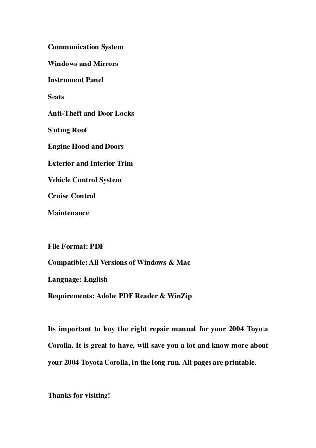 2004 toyota corolla service repair workshop manual download