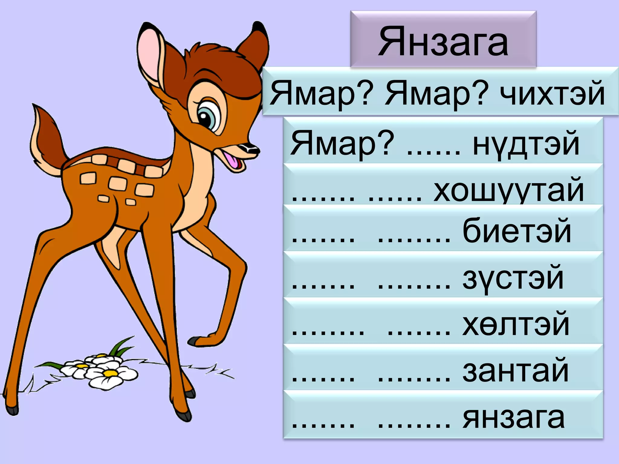 Янзага
Ямар? Ямар? чихтэй
 Ямар? ...... нүдтэй
 ....... ...... хошуутай
 ....... ........ биетэй
 ....... ........ зүстэй
 ........ ....... хөлтэй
 ....... ........ зантай
 ....... ........ янзага
 