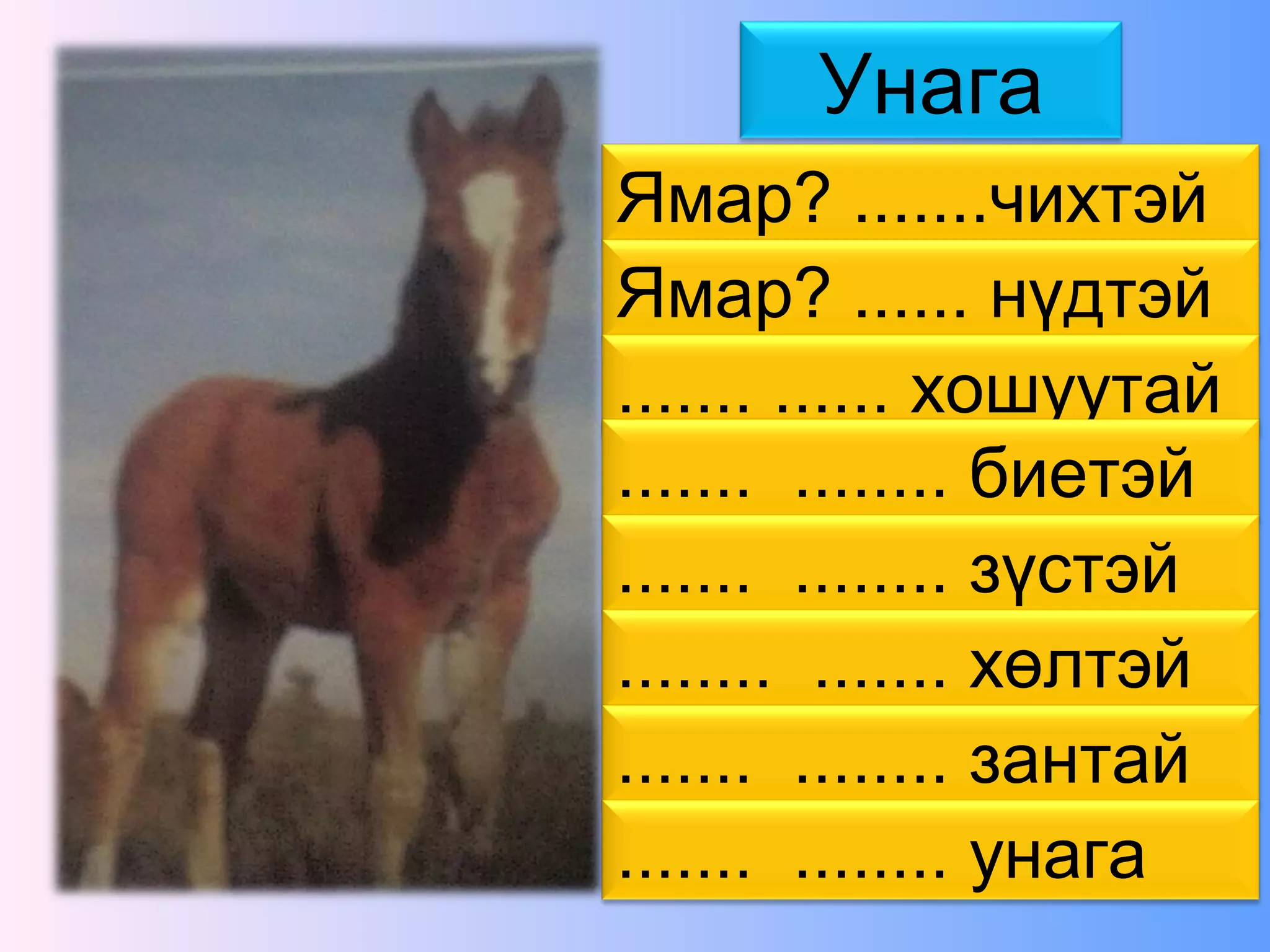 Унага
Ямар? .......чихтэй
Ямар? ...... нүдтэй
....... ...... хошуутай
....... ........ биетэй
....... ........ зүстэй
........ ....... хөлтэй
....... ........ зантай
....... ........ унага
 