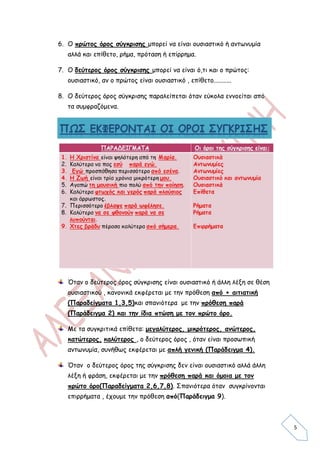 6. Ο πρώτος όρος σύγκρισης μπορεί να είναι ουσιαστικό ή αντωνυμία
   αλλά και επίθετο, ρήμα, πρόταση ή επίρρημα.

7. Ο δεύτερος όρος σύγκρισης μπορεί να είναι ό,τι και ο πρώτος:
   ουσιαστικό, αν ο πρώτος είναι ουσιαστικό , επίθετο...........

8. Ο δεύτερος όρος σύγκρισης παραλείπεται όταν εύκολα εννοείται από
   τα συμφραζόμενα.




   Όταν ο δεύτερος όρος σύγκρισης είναι ουσιαστικό ή άλλη λέξη σε θέση
   ουσιαστικού , κανονικά εκφέρεται με την πρόθεση από + αιτιατική
   (Παραδείγματα 1,3,5)και σπανιότερα με την πρόθεση παρά
   (Παράδειγμα 2) και την ίδια πτώση με τον πρώτο όρο.

   Με τα συγκριτικά επίθετα: μεγαλύτερος, μικρότερος, ανώτερος,
   κατώτερος, καλύτερος , ο δεύτερος όρος , όταν είναι προσωπική
   αντωνυμία, συνήθως εκφέρεται με απλή γενική (Παράδειγμα 4).

   Όταν ο δεύτερος όρος της σύγκρισης δεν είναι ουσιαστικό αλλά άλλη
   λέξη ή φράση, εκφέρεται με την πρόθεση παρά και όμοια με τον
   πρώτο όρο(Παραδείγματα 2,6,7,8). Σπανιότερα όταν συγκρίνονται
   επιρρήματα , έχουμε την πρόθεση από(Παράδειγμα 9).



                                                                         5
 
