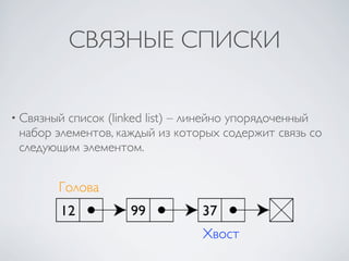 СВЯЗНЫЕ СПИСКИ


• Связныйсписок (linked list) – линейно упорядоченный
 набор элементов, каждый из которых содержит связь со
 следующим элементом.


       Голова


                                Хвост
 