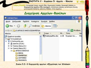ΕΝΟΤΗΤΑ 2 – Κεφάλαιο 5: Αρχεία - Φάκελοι                             Β΄ τάξη
Λέξεις Κλειδιά: Αντιγραφή (copy), αρχείο (file), δημιουργία (create), διαγραφή (delete), ο
                           (copy),       (file),            (create),          (delete),
             διαχειριστής αρχείων (file manager), επικόλληση (paste), μετακίνηση (move),
                                   (file manager)                 (paste),            (move),
             μετονομασία (rename), φάκελος (folder), τύποι αρχείων,
                         (rename),            (folder),


               Διαχείριση Αρχείων-Φακέλων




    Εικόνα 5.5: O διαχειριστής αρχείων «Εξερεύνηση των Windows»
 