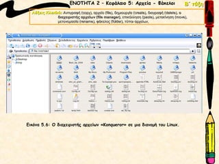 ΕΝΟΤΗΤΑ 2 – Κεφάλαιο 5: Αρχεία - Φάκελοι                             Β΄ τάξη
  Λέξεις Κλειδιά: Αντιγραφή (copy), αρχείο (file), δημιουργία (create), διαγραφή (delete), ο
                             (copy),       (file),            (create),          (delete),
               διαχειριστής αρχείων (file manager), επικόλληση (paste), μετακίνηση (move),
                                     (file manager)                 (paste),            (move),
               μετονομασία (rename), φάκελος (folder), τύποι αρχείων,
                           (rename),            (folder),




Εικόνα 5.6: Ο διαχειριστής αρχείων «Konqueror» σε μια διανομή του Linux.
 