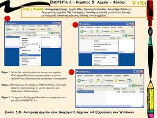 ΕΝΟΤΗΤΑ 2 – Κεφάλαιο 5: Αρχεία - Φάκελοι                              Β΄ τάξη
                  Λέξεις Κλειδιά: Αντιγραφή (copy), αρχείο (file), δημιουργία (create), διαγραφή (delete), ο
                                               (copy)        (file),          (create),          (delete),
                               διαχειριστής αρχείων (file manager), επικόλληση (paste), μετακίνηση (move),
                                                    (file manager),            (paste),            (move),
                               μετονομασία (rename), φάκελος (folder), τύποι αρχείων,
                                            (rename),            (folder),
    1

                                                               2




Βήμα 1: Με δεξιά επιλογή πάνω στο όνομα του αρχείου        3
       «ΤοΔιήγημάΜου.doc» ενεργοποιούμε το μενού
       επιλογών που βλέπουμε και επιλέγουμε «Αντιγραφή».

Βήμα 2: Πηγαίνουμε στο φάκελο «ΕΦΗΜΕΡΙΔΑ». Με δεξιά
       επιλογή ενεργοποιούμε το μενού επιλογών και
       επιλέγουμε «Επικόλληση».

Βήμα 3: Το αρχείο «ΤοΔιήγημάΜου.doc» αντιγράφτηκε στο
       φάκελο «ΕΦΗΜΕΡΙΔΑ».



   Εικόνα 5.8: Αντιγραφή αρχείου στον Διαχειριστή Αρχείων «Η Εξερεύνηση των Windows»
 