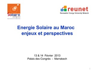 Energie Solaire au Maroc
 enjeux et perspectives



          13 & 14 Février 2013
    Palais des Congrès - Marrakech


                                     1
 