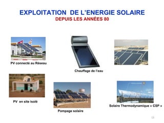EXPLOITATION DE L’ENERGIE SOLAIRE
                        DEPUIS LES ANNÉES 80




PV connecté au Réseau

                                 Chauffage de l’eau




 PV en site isolé
                                                      Solaire Thermodynamique « CSP »
                        Pompage solaire
                                                                              13
 