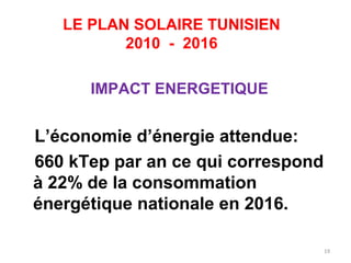 LE PLAN SOLAIRE TUNISIEN
          2010 - 2016

      IMPACT ENERGETIQUE


L’économie d’énergie attendue:
660 kTep par an ce qui correspond
à 22% de la consommation
énergétique nationale en 2016.

                                    19
 