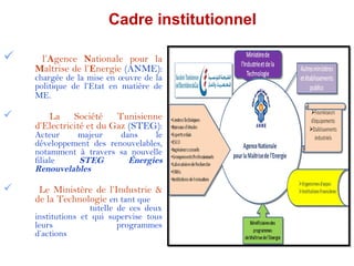 Cadre institutionnel

    l’Agence Nationale pour la
    Maîtrise de l’Energie (ANME):
    chargée de la mise en œuvre de la
    politique de l’Etat en matière de
    ME.

      La Société Tunisienne
    d’Electricité et du Gaz (STEG):
    Acteur    majeur     dans     le
    développement des renouvelables,
    notamment à travers sa nouvelle
    filiale   STEG         Énergies
    Renouvelables

    Le Ministère de l’Industrie &
    de la Technologie en tant que
                   tutelle de ces deux
    institutions et qui supervise tous
    leurs                  programmes
    d’actions
 