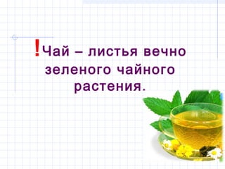 ! Чай – листья вечно
 зеленого чайного
    растения.
 