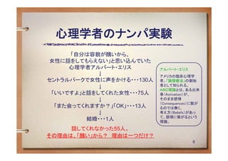 心理学者のナンパ実験
      「自分は容貌が醜いから、
女性に話をしてもらえない」と思い込んでいた
     心理学者アルバート・エリス          アルバート・エリス
            ↓               アメリカの臨床心理学
セントラルパークで女性に声をかける・・・130人    者。「論理療法」の創始
                            者として知られる。
            ↓               ＡＢＣ理論とは、ある出来
 「いいですよ」と話をしてくれた女性・・・75人    事（Activation）が、
            ↓               そのまま感情
                            （Consequences）に繋が
  「また会ってくれますか？」「OK」・・・13人   るのでは無く、
            ↓               考え方（Beliefs）があっ
                            て、感情に繋がるという
         結婚・・・1人            理論。

     話してくれなかった55人。
その理由は、「醜い」から？ 理由は一つだけ？
                                          8
 