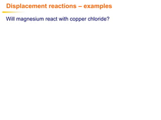 Displacement reactions – examples
Will magnesium react with copper chloride?
 