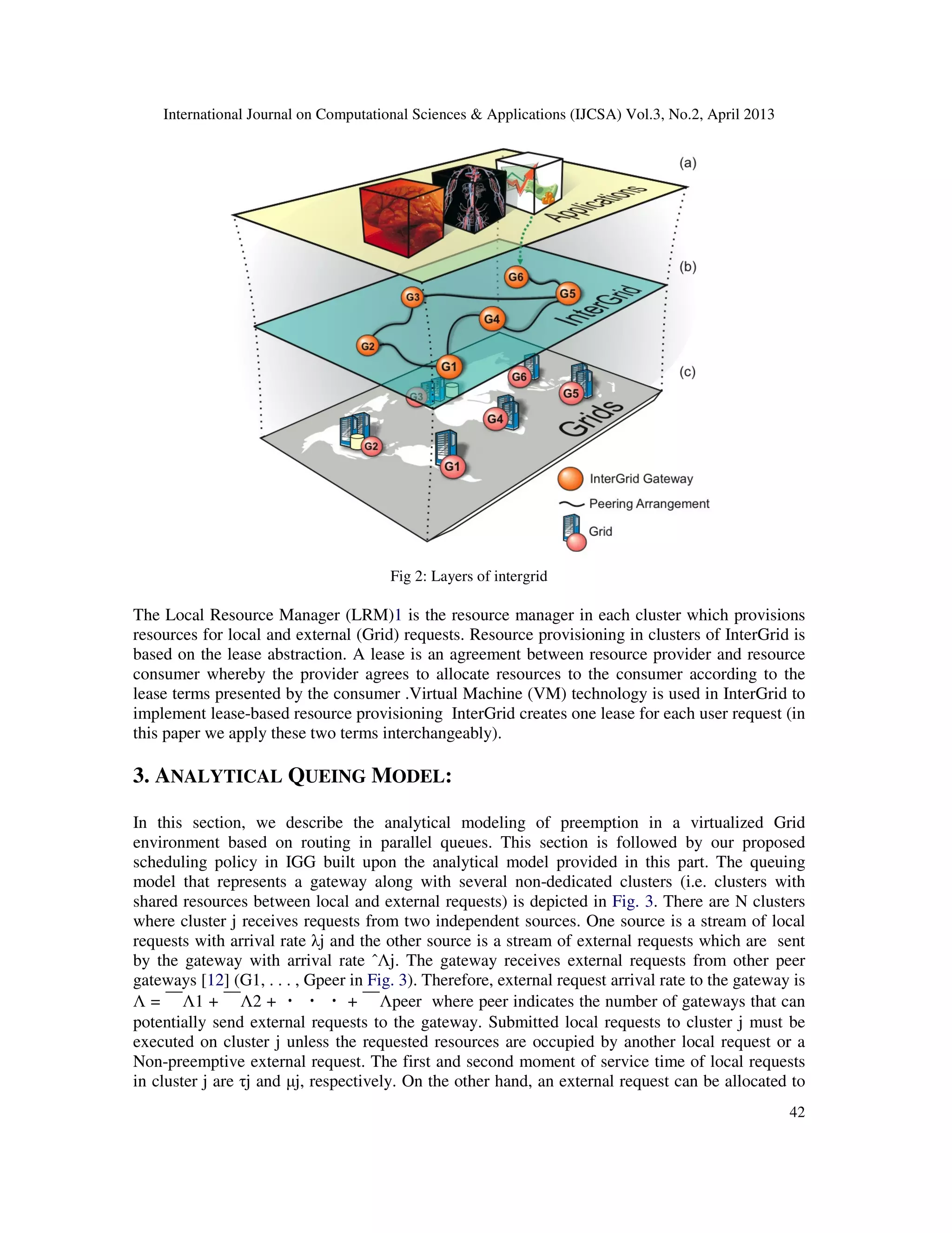 International Journal on Computational Sciences & Applications (IJCSA) Vol.3, No.2, April 2013
42
Fig 2: Layers of intergrid
The Local Resource Manager (LRM)1 is the resource manager in each cluster which provisions
resources for local and external (Grid) requests. Resource provisioning in clusters of InterGrid is
based on the lease abstraction. A lease is an agreement between resource provider and resource
consumer whereby the provider agrees to allocate resources to the consumer according to the
lease terms presented by the consumer .Virtual Machine (VM) technology is used in InterGrid to
implement lease-based resource provisioning InterGrid creates one lease for each user request (in
this paper we apply these two terms interchangeably).
3. ANALYTICAL QUEING MODEL:
In this section, we describe the analytical modeling of preemption in a virtualized Grid
environment based on routing in parallel queues. This section is followed by our proposed
scheduling policy in IGG built upon the analytical model provided in this part. The queuing
model that represents a gateway along with several non-dedicated clusters (i.e. clusters with
shared resources between local and external requests) is depicted in Fig. 3. There are N clusters
where cluster j receives requests from two independent sources. One source is a stream of local
requests with arrival rate λj and the other source is a stream of external requests which are sent
by the gateway with arrival rate ˆΛj. The gateway receives external requests from other peer
gateways [12] (G1, . . . , Gpeer in Fig. 3). Therefore, external request arrival rate to the gateway is
Λ = ￣Λ1 + ￣Λ2 + ・・・+ ￣Λpeer where peer indicates the number of gateways that can
potentially send external requests to the gateway. Submitted local requests to cluster j must be
executed on cluster j unless the requested resources are occupied by another local request or a
Non-preemptive external request. The first and second moment of service time of local requests
in cluster j are τj and µj, respectively. On the other hand, an external request can be allocated to
 