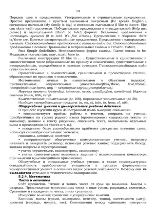 104
Порядок слов в предложении. Утвердительные и отрицательные предложения.
Простое предложение с простым глагольным сказуемым (He speaks English.),
составным именным (My family is big.) и составным глагольным (I like to dance. She
can skate well.) сказуемым. Побудительные предложения в утвердительной (Help me,
please.) и отрицательной (Don’t be late!) формах. Безличные предложения в
настоящем времени (It is cold. It’s five o’clock.). Предложения с оборотом there
is/there are. Простые распространённые предложения. Предложения с однородными
членами. Сложносочинённые предложения с союзами and и but. Сложноподчинённые
предложения с because.Правильные и неправильные глаголы в Present, Future,
Past Simple (Indefinite). Неопределённая форма глагола. Глагол-связка to be.
Модальные глаголы can, may, must, have to.
Глагольные конструкции I’d like to … . Существительные в единственном и
множественном числе (образованные по правилу и исключения), существительные с
неопределённым, определённым и нулевым артиклем. Притяжательныйпадеж имён
существительных.
Прилагательные в положительной, сравнительной и превосходной степени,
образованные по правилам и исключения.
Местоимения: личные (в именительном и объектном падежах),
притяжательные, вопросительные, указательные(this/these, that/those),
неопределённые (some, any — некоторые случаи употребления).
Наречия времени (yesterday, tomorrow, never, usually,often, sometimes). Наречия
степени (much, little, very).
Количественные числительные (до 100), порядковые числительные (до 30).
Наиболее употребительные предлоги: in, on, at, into, to, from, of, with.
Общеучебные умения и универсальные учебные действия
В процессе изучения курса «Иностранный язык» младшие школьники:
• совершенствуют приёмы работы с текстом, опираясь на умения,
приобретённые на уроках родного языка (прогнозировать содержание текста по
заголовку, данным к тексту рисункам, списывать текст, выписывать отдельные
слова и предложения из текста и т. п.);
• овладевают более разнообразными приёмами раскрытия значения слова,
используя словообразовательные элементы;
синонимы, антонимы; контекст;
• совершенствуют общеречевые коммуникативные умения, например
начинать и завершать разговор, используя речевые клише; поддерживать беседу,
задавая вопросы и переспрашивая;
• учатся осуществлять самоконтроль, самооценку;
• учатся самостоятельно выполнять задания с использованием компьютера
(при наличии мультимедийного приложения).
Общеучебные и специальные учебные умения, а также социокультурная
осведомлённость приобретаются учащимися в процессе формирования
коммуникативных умений в основных видах речевой деятельности. Поэтому они не
выделяются отдельно в тематическом планировании.
5.2.4. Математика
Числа и величины
Счёт предметов. Чтение и запись чисел от нуля до миллиона. Классы и
разряды. Представление многозначных чисел в виде суммы разрядных слагаемых.
Сравнение и упорядочение чисел, знаки сравнения.
Измерение величин; сравнение и упорядочение величин.
Единицы массы (грамм, килограмм, центнер, тонна), вместимости (литр),
времени (секунда, минута, час). Соотношения между единицами измерения
 