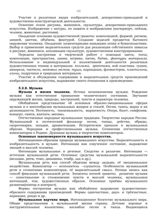 112
Участие в различных видах изобразительной, декоративно-прикладной и
художественно-конструкторской деятельности.
Освоение основ рисунка, живописи, скульптуры, декоративно-прикладного
искусства. Изображение с натуры, по памяти и воображению (натюрморт, пейзаж,
человек, животные, растения).
Овладение основами художественной грамоты: композицией, формой, ритмом,
линией, цветом, объёмом, фактурой. Создание моделей предметов бытового
окружения человека. Овладение элементарными навыками лепки и бумагопластики.
Выбор и применение выразительных средств для реализации собственного замысла
в рисунке, живописи, аппликации скульптуре, художественном конструировании.
Передача настроения в творческой работе с помощью цвета, тона,
композиции, пространства, линии, штриха, пятна, бъёма, фактуры материала.
Использование в индивидуальной и коллективной деятельности различных
художественных техник и материалов: коллажа, граттажа, ной пластики, гуаши,
акварели, пастели, восковых мелков, туши, карандаша, фломастеров, пластилина,
глины, подручных и природных материалов.
Участие в обсуждении содержания и выразительных средств произведений
изобразительного искусства, выражение своего отношения к произведению.
5.2.8. Музыка
Музыка в жизни человека. Истоки возникновения музыки. Рождение
музыки как естественное проявление человеческого состояния. Звучание
окружающей жизни, природы, настроений, чувств и характера человека.
Обобщённое представление об основных образно-эмоциональных сферах
музыки и о многообразии музыкальных жанров и стилей. Песня, танец, марш и их
разновидности. Песенность, танцевальность, маршевость. Опера, балет, симфония,
концерт, сюита, кантата, мюзикл.
Отечественные народные музыкальные традиции. Творчество народов России.
Музыкальный и поэтический фольклор: песни, танцы, действа, обряды,
скороговорки, загадки, драматизации. Историческое прошлое в музыкальных
образах. Народная и профессиональная музыка. Сочинения отечественных
композиторов о Родине. Духовная музыка в творчестве композиторов.
Основные закономерности музыкального искусства.
Интонационно-образная природа музыкального искусства. Выразительность и
изобразительность в музыке. Интонация как озвученное состояние, выражение
эмоций и мыслей человека.
Интонации музыкальные и речевые. Сходство и различие. Интонация —
источник музыкальной речи. Основные средства музыкальной выразительности
(мелодия, ритм, темп, динамика, тембр, лад и др.).
Музыкальная речь как способ общения между людьми, её эмоциональное
воздействие. Композитор — исполнитель --слушатель. Особенности музыкальной
речи в сочинениях композиторов, её выразительный смысл. Нотная запись как
способ фиксации музыкальной речи. Элементы нотной грамоты. развитие музыки
— сопоставление и столкновение чувств и мыслей человека, музыкальных
интонаций, тем, художественных образов. Основные приёмы музыкального
развития(повтор и контраст).
Формы построения музыки как обобщённое выражение художественно-
образного содержания произведений. Формы одночастные, двух- и трёхчастные,
вариации, рондо и др.
Музыкальная картина мира. Интонационное богатство музыкального мира.
Общие представления о музыкальной жизни страны. Детские хоровые и
инструментальные коллективы, ансамбли песни и танца. Выдающиеся
 