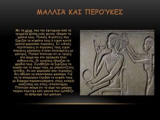 Ιε ηε πέκα, πμο ηεκ έθηηαπκακ από ηα
ηνημμέκα θύιια εκόξ θοημύ, έβαθακ ηα
μαιιηά ημοξ. Νμιιέξ Αηγύπηηεξ πμο
λύνηδακ ηα θεθάιηα ημοξ ή είπακ θμκηά
μαιιηά θμνμύζακ πενμύθεξ. Οε εηδηθέξ
πενηπηώζεηξ μη πενμύθεξ ημοξ είπακ
πιμύζηεξ μπμύθιεξ ή ήηακ ζημιηζμέκεξ με
πάκηνεξ. Νμιιμί πίζηεοακ όηη μη ηνίπεξ
ζημ ζώμα θαη ζημ πνόζςπμ ήηακ
ακζογηεηκέξ. Μη γοκαίθεξ έβγαδακ ηα
θνύδηα ημοξ. Οοκήζηδακ κα λονίδμοκ ημ
θεθάιη θαη ημ θμνμί ημοξ, με μπνμύκηδηκεξ
ιεπίδεξ. Ακ θαη θμνμύζακ όιμη πενμύθεξ,
δεκ ήζειακ κα απμθηήζμοκ θαιάθνα. Γηα
κα ημ απμθύγμοκ έηνηβακ ημ θεθάιη ημοξ
με δηάθμνα παναζθεοάζμαηα, όπςξ θμπνηά
γθαδέιιαξ θαη ιίπμξ ηππμπόηαμμο.
Νίζηεοακ αθόμα όηη ημ αίμα ημο μαύνμο
ηαύνμο πενηείπε θάηη μαγηθό πμο εμπόδηδε
ημ άζπνηζμα ηςκ μαιιηώκ.
ΜΑΛΛΙΆ ΚΑΙ ΠΕΡΟΌΚΕ΢
 